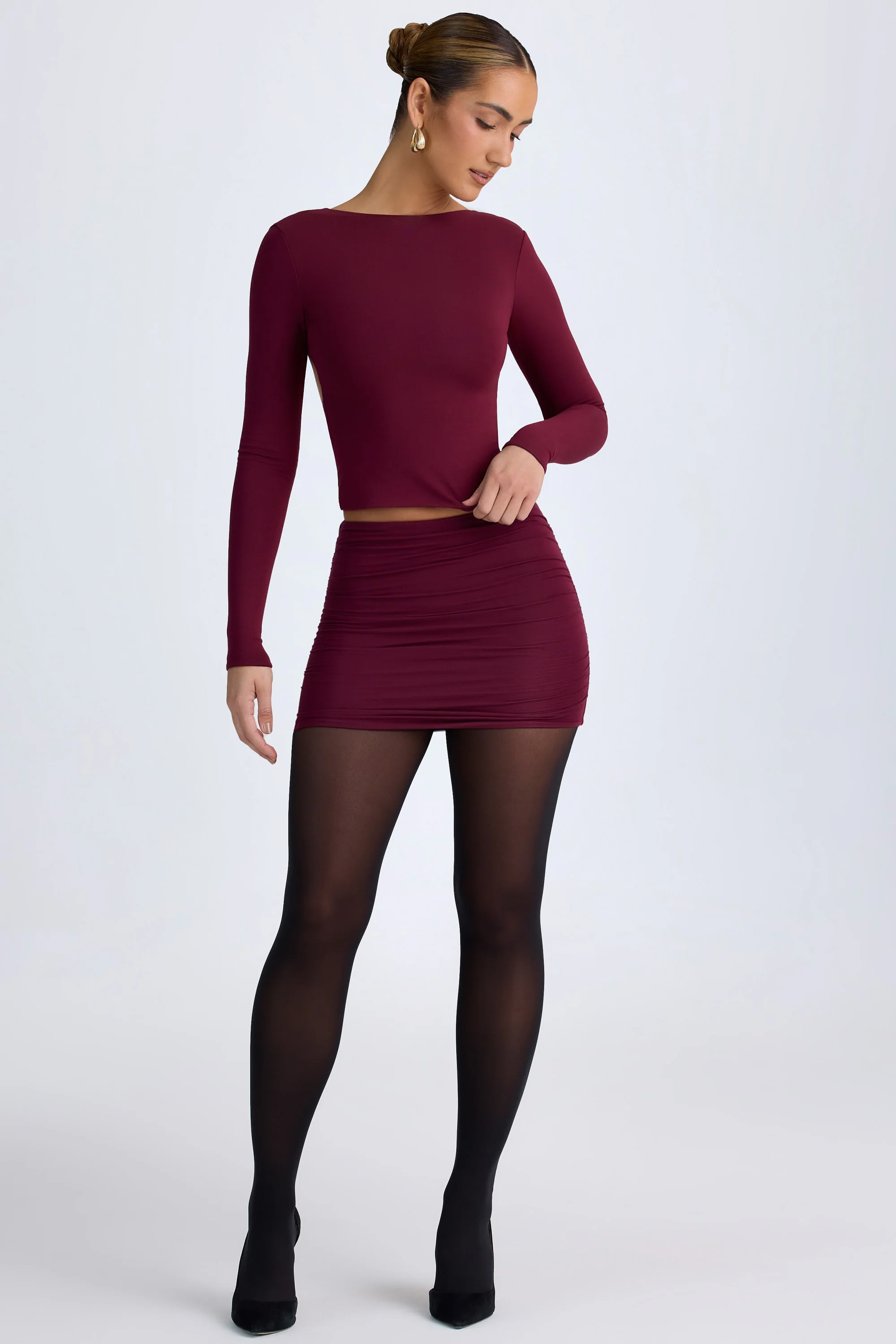 Modal High Neck Long Sleeve Open Back Top in Wine Red