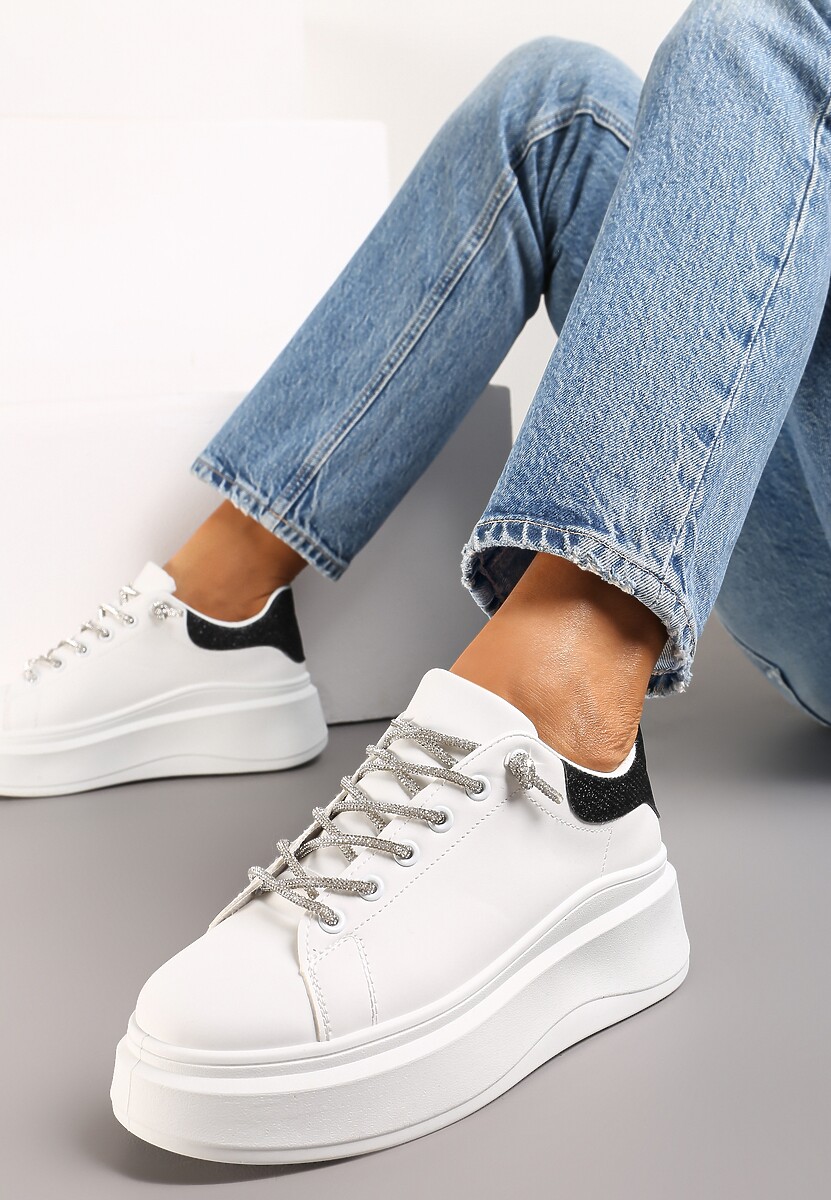 Biało-Złote Sneakersy z Cyrkoniami na Sznurowadłach i Brokatem Terisla