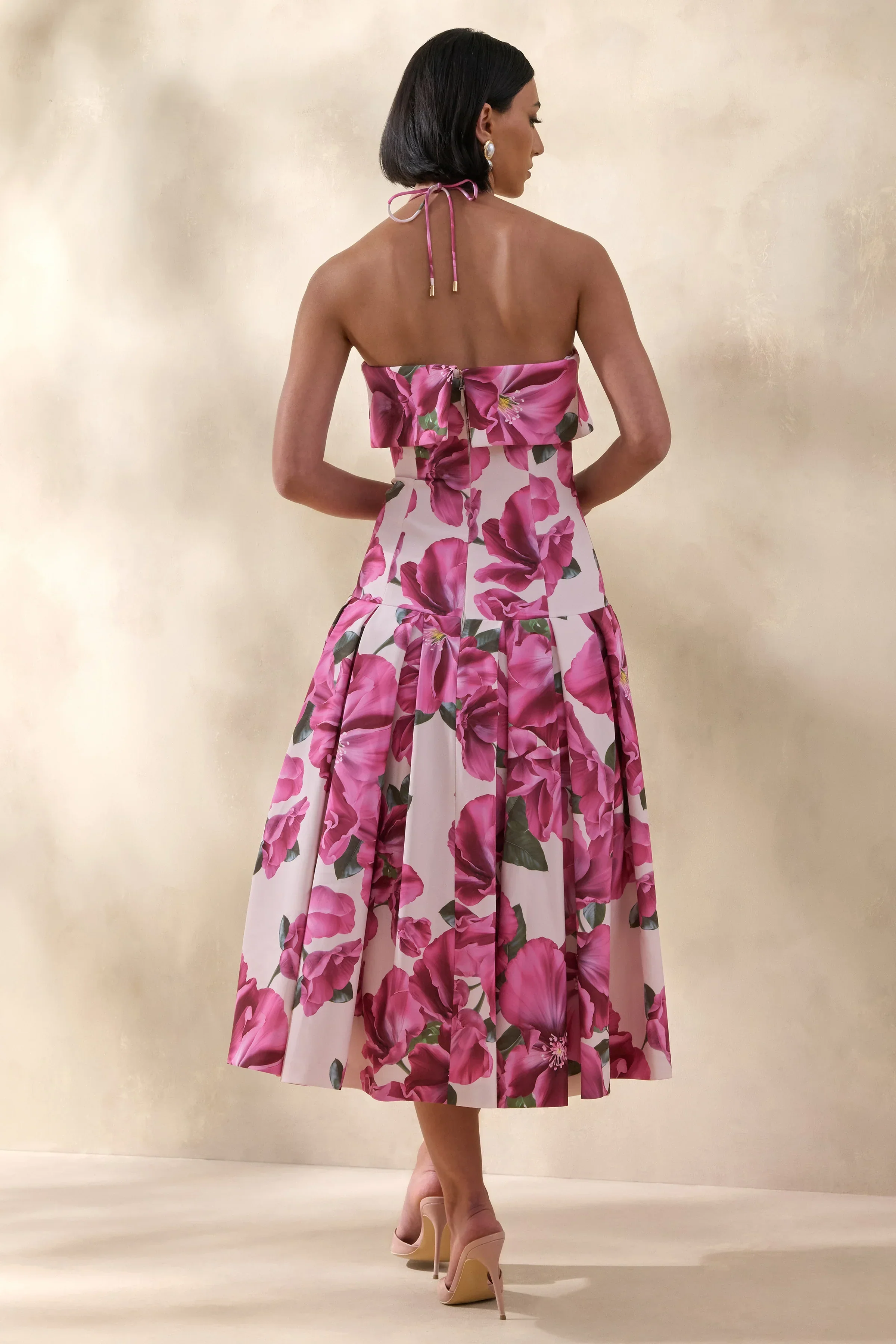 Sylina | Pink Hibiscus Floral Print Square-Neck Midi Dress With Drop Waist