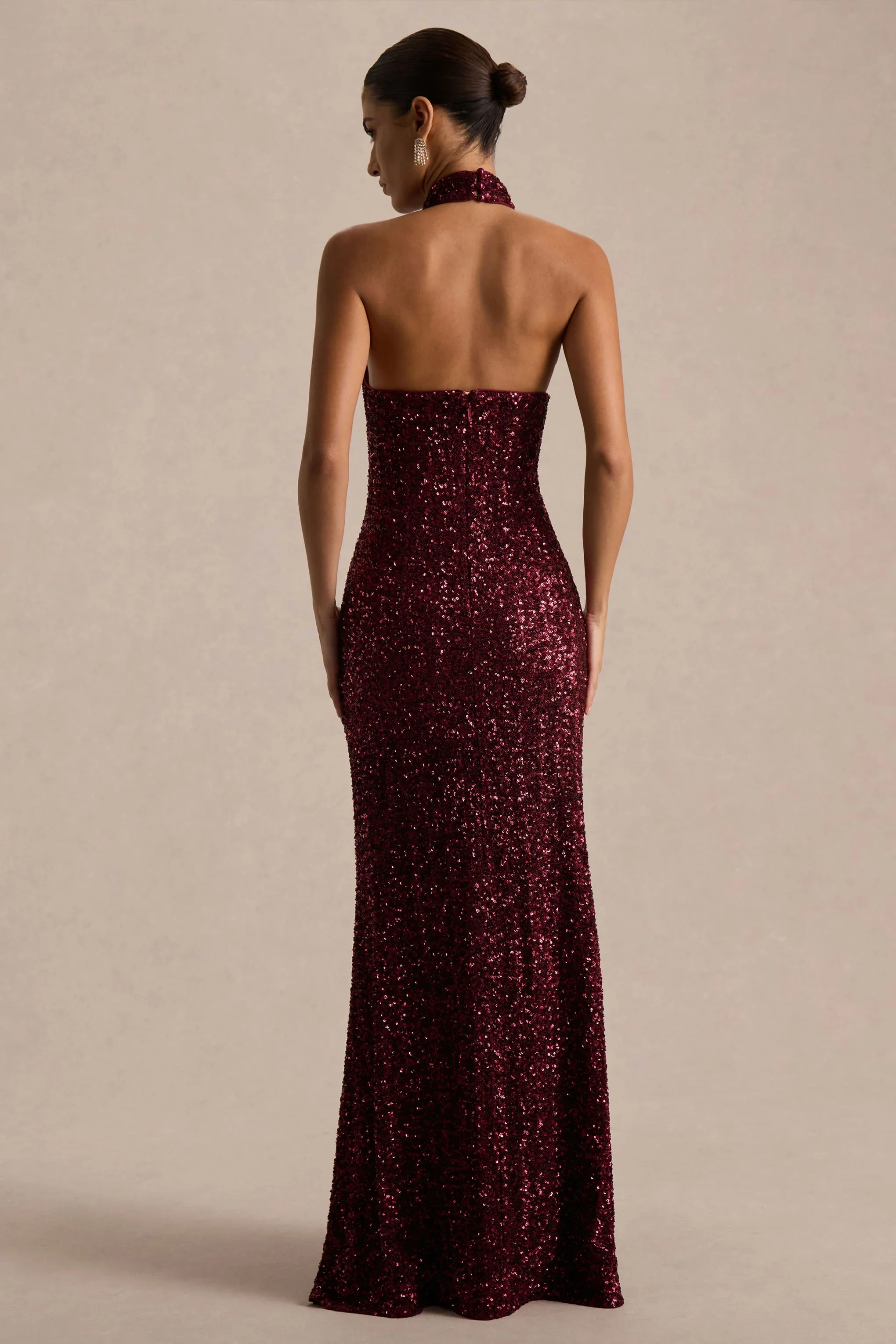 Tulia | Burgundy Sequin High-Neck Maxi Dress