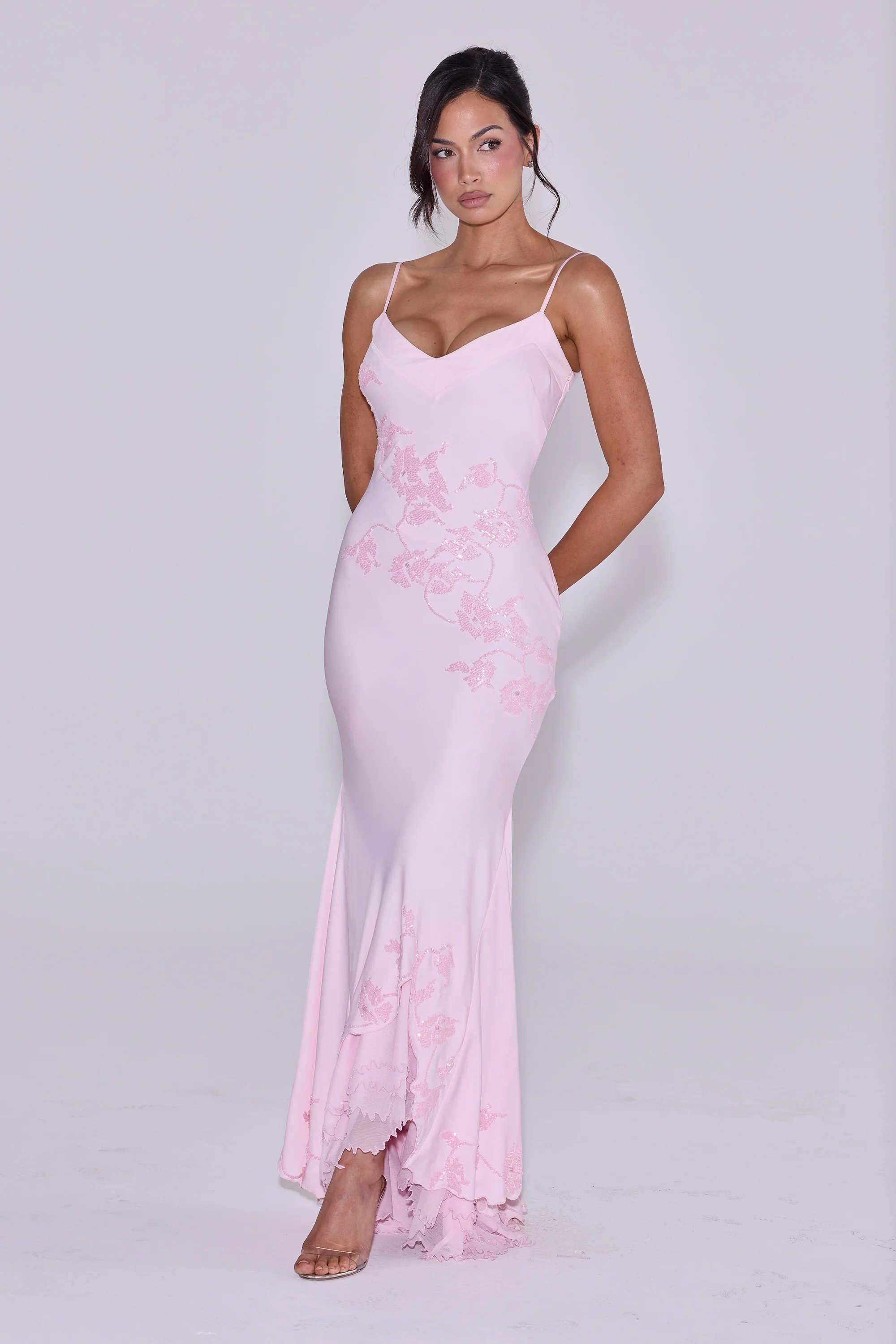 pink hand beaded embellished satin maxi dress - luluinthesky