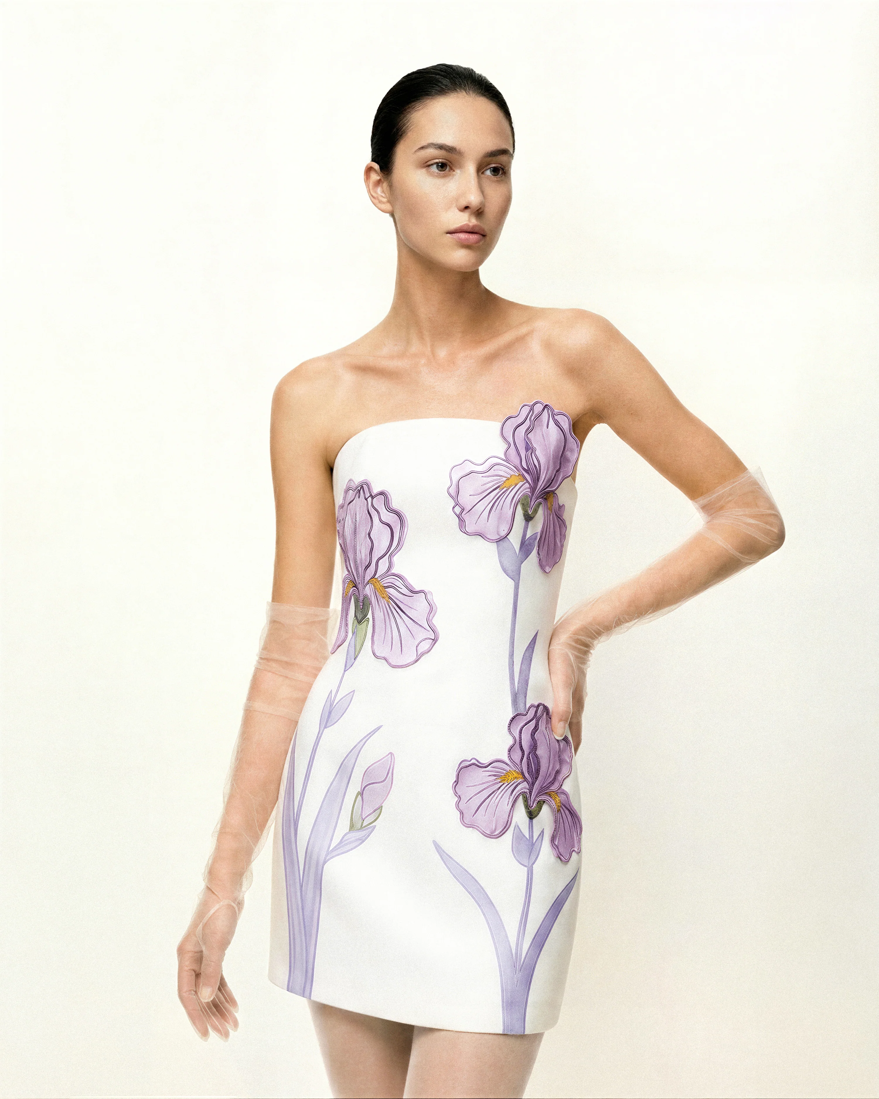 Iris Floral Print Strapless Dress - White