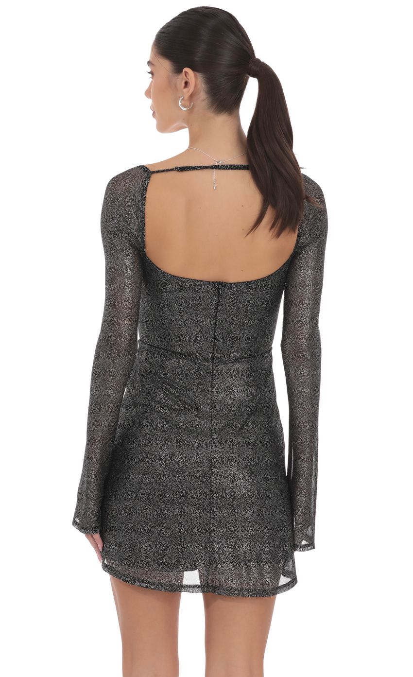 Foil Twist Long Sleeve Dress in Black and Silver