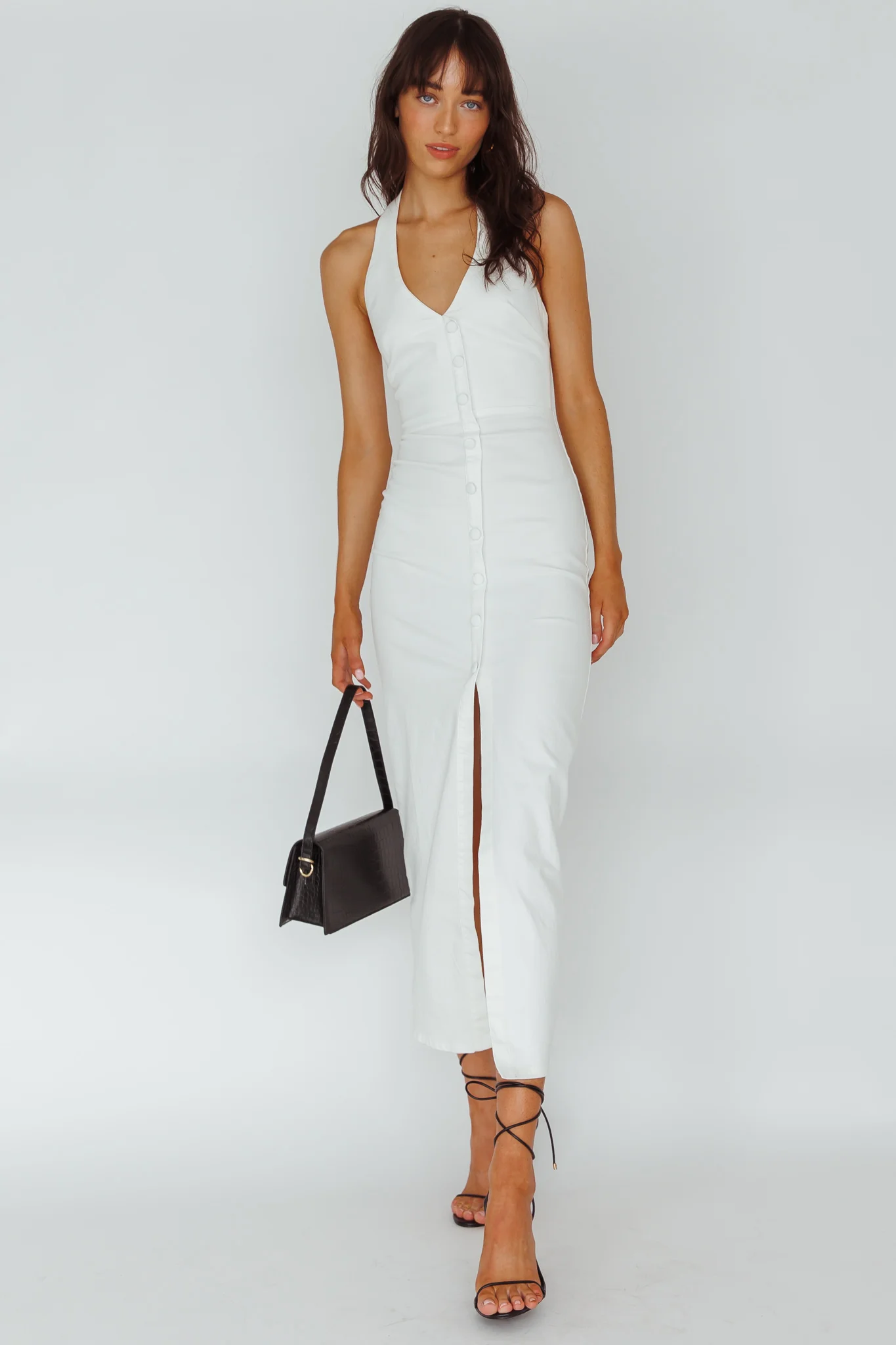 Renita Halterneck Button Maxi Dress White - luluinthesky