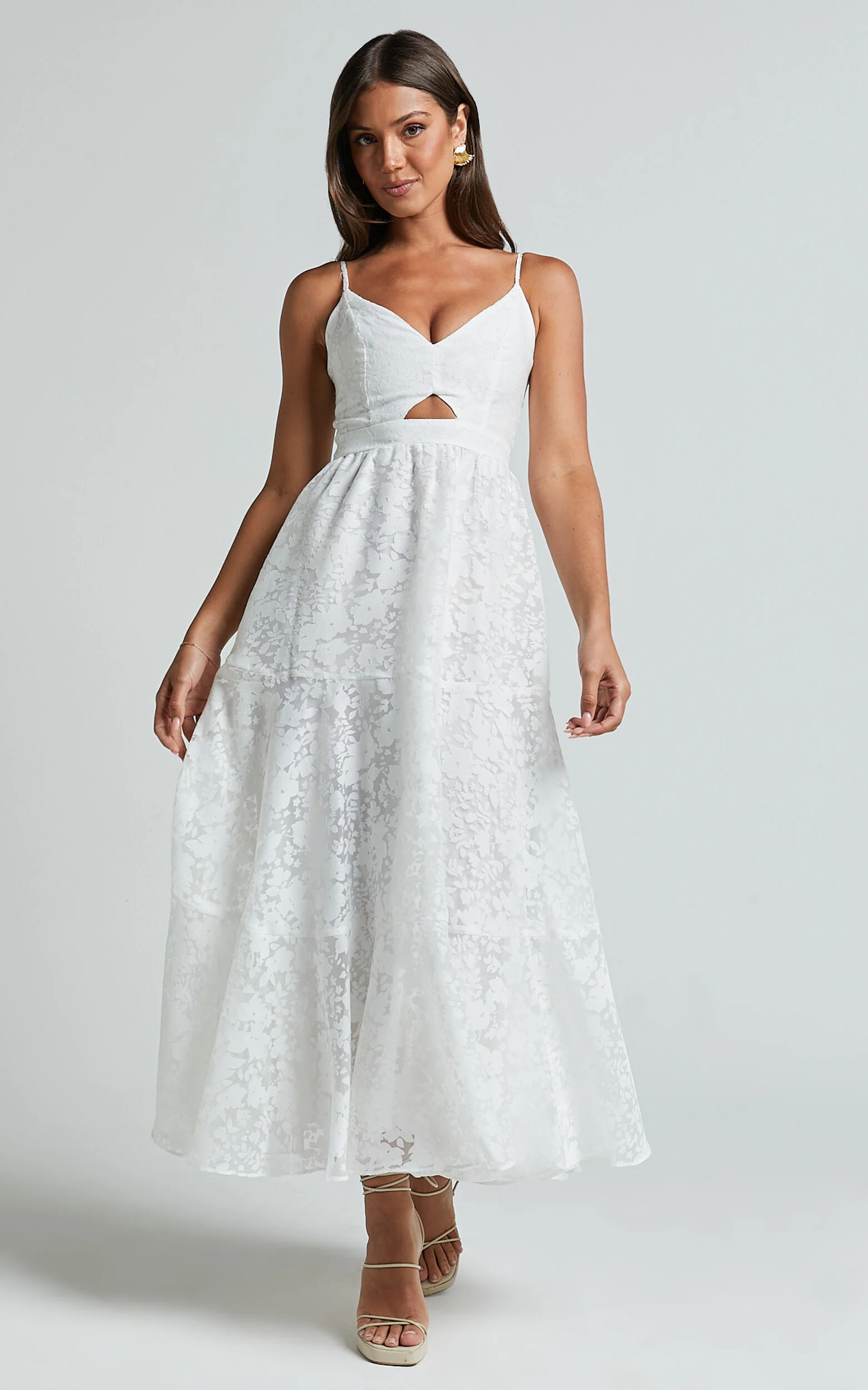 Jorie Midi Dress - Strappy Front Cut Out Tiered Skirt in White