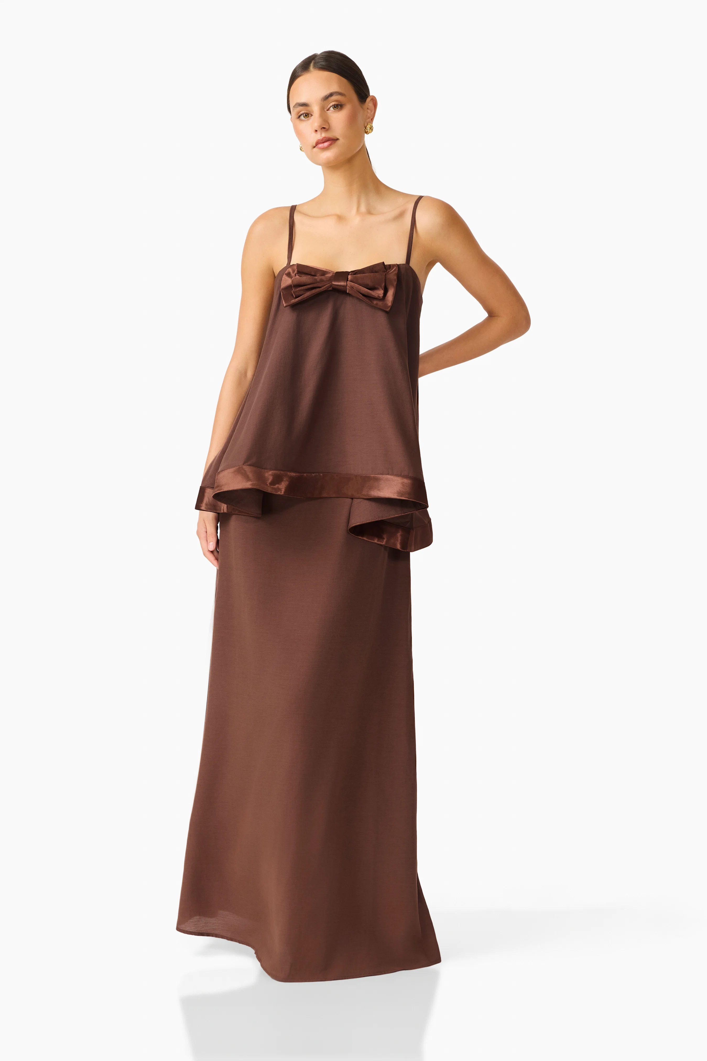 Rosera Satin Bow Maxi Dress in Chocolate Brown