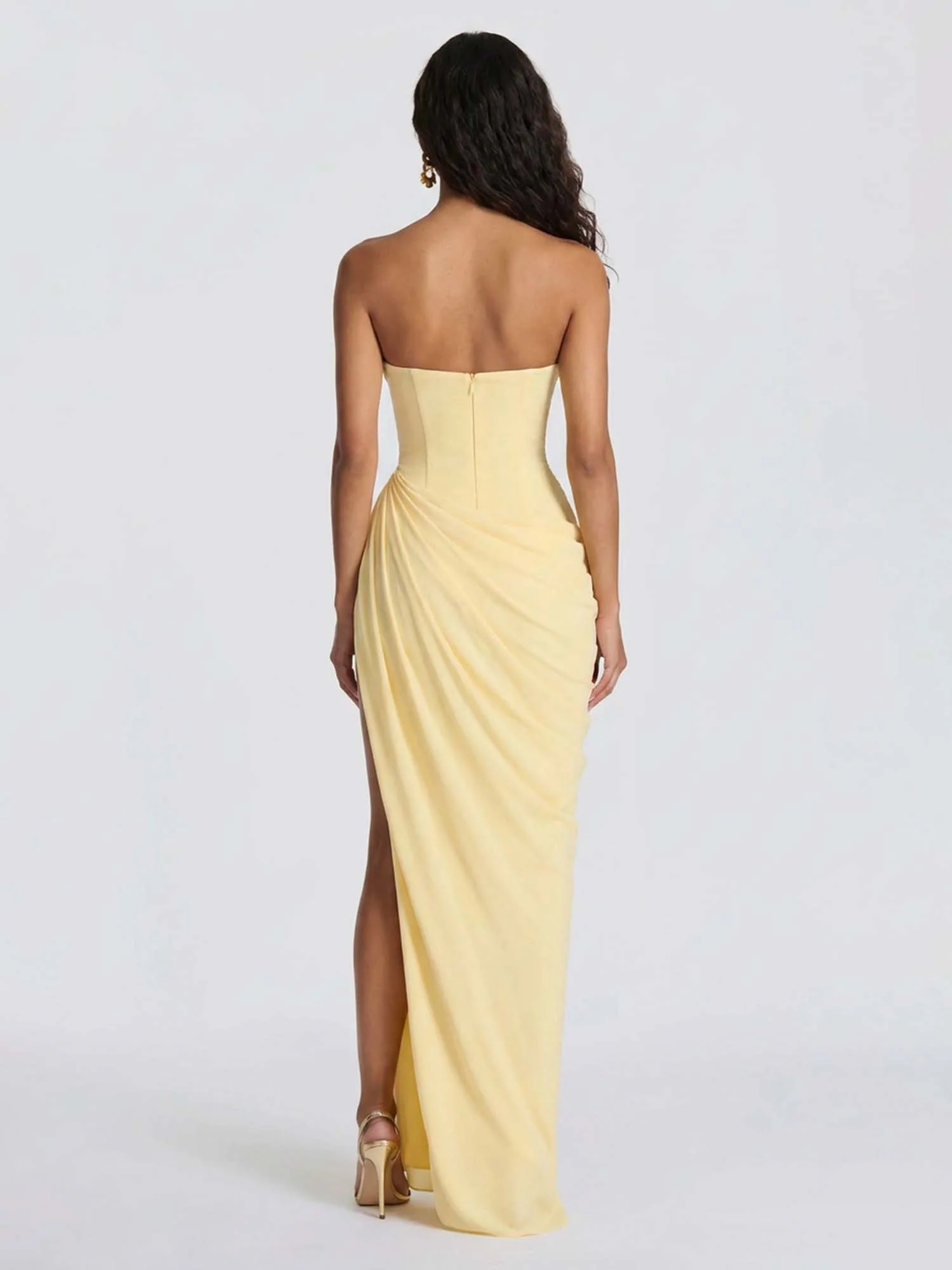 Yellow Ruched Strapless Maxi Dress