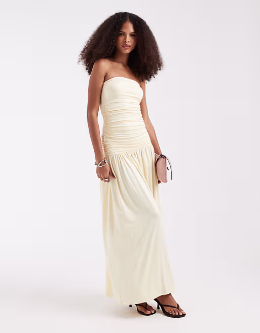 JJXX ruched strapless maxi dress in butter yellow