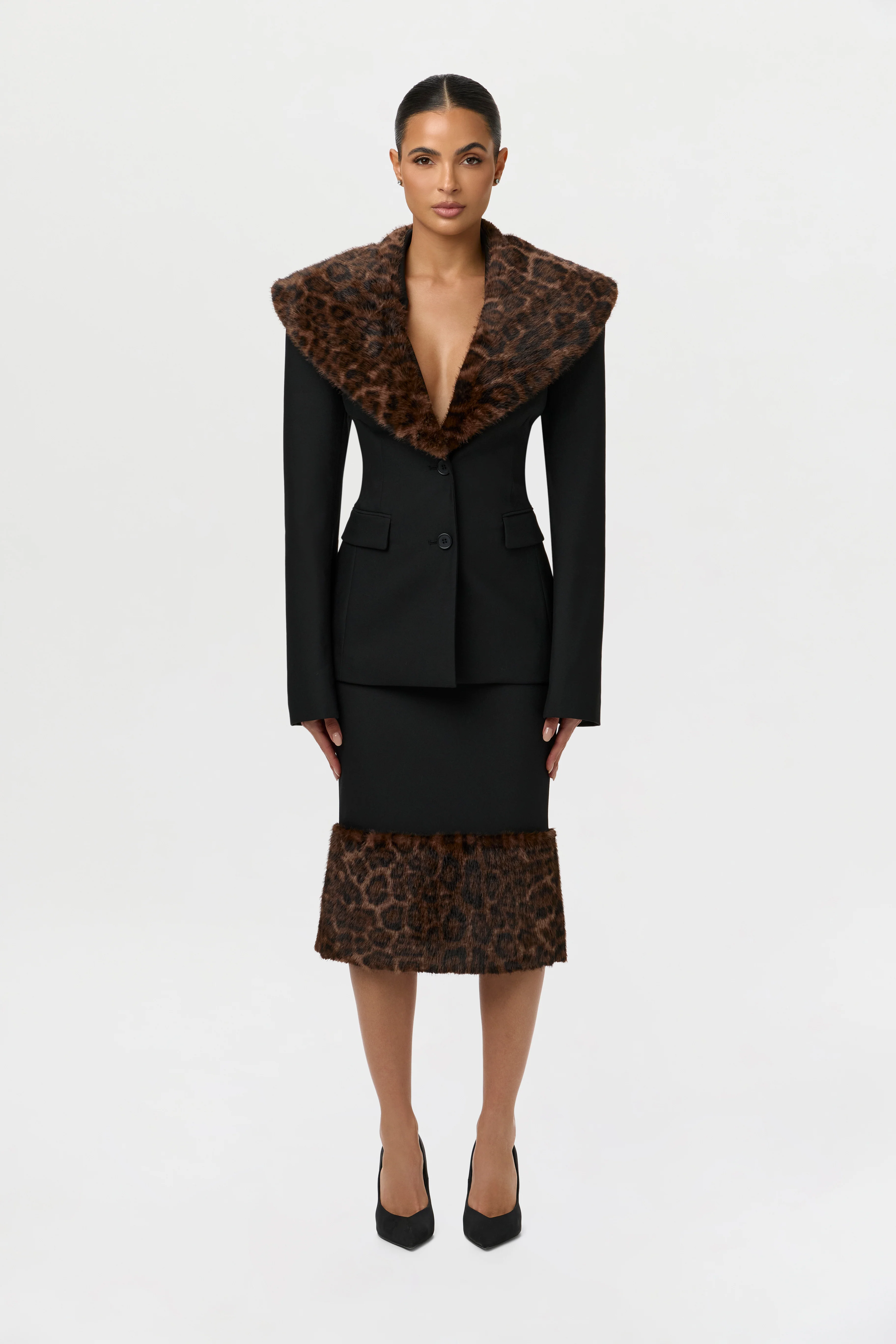 Suiting Faux Fur Leopard Midi Skirt