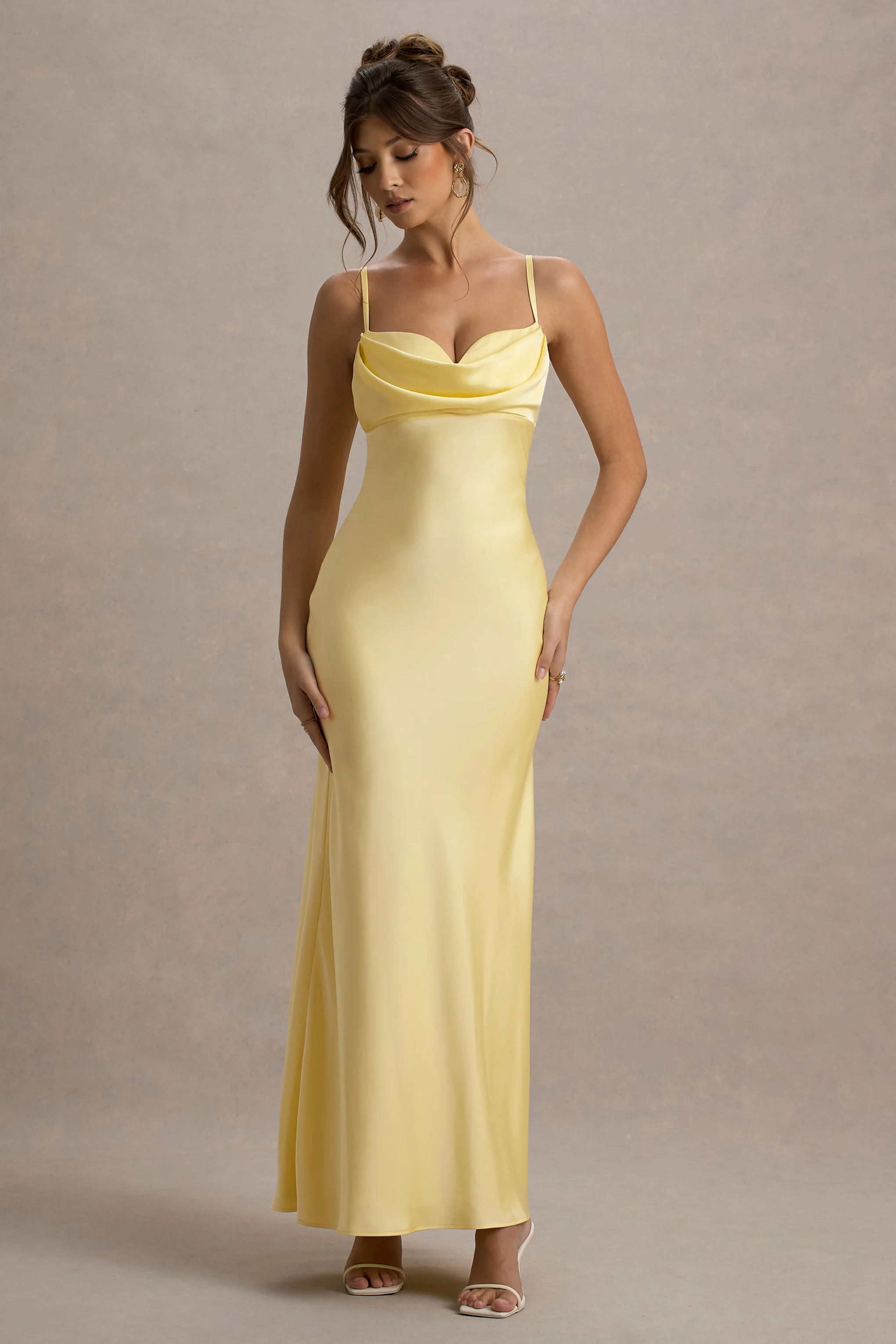 Eimear | Lemon Satin Draped Sweetheart Maxi Dress