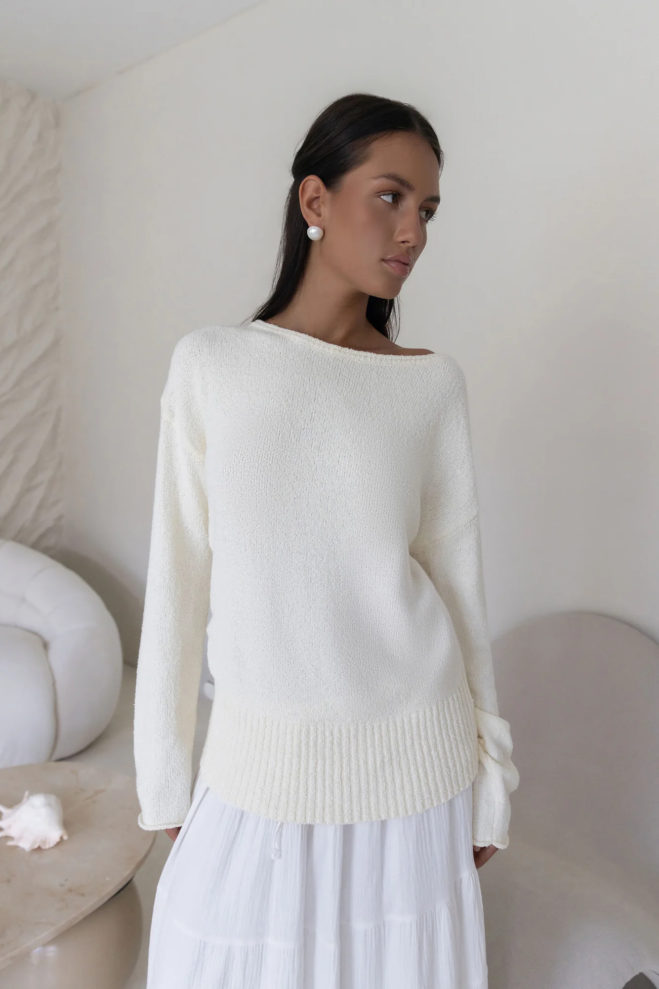 Sugar Petal Off Shoulder Knit Sweater White