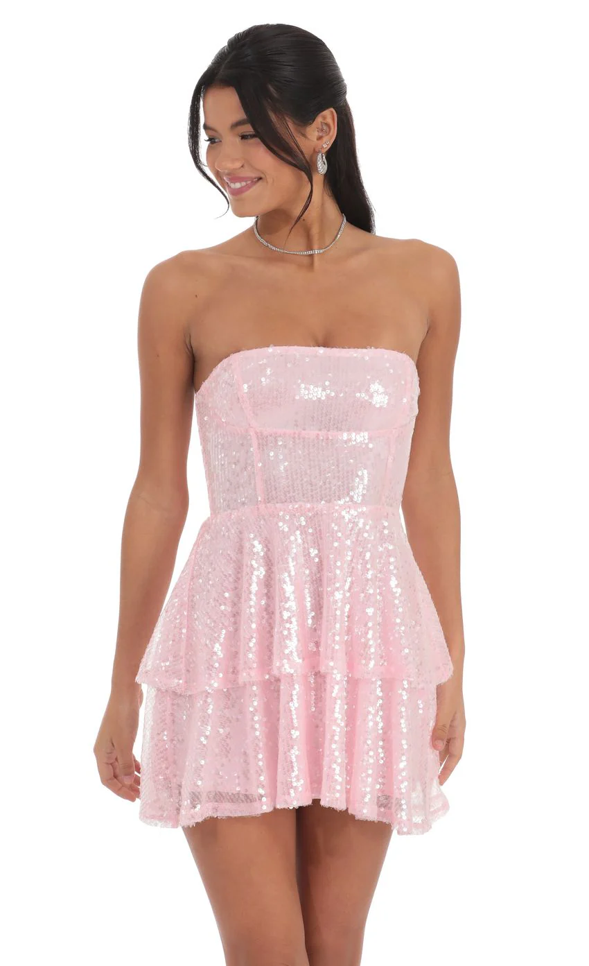 Sequin Strapless Ruffle Dress in Pink