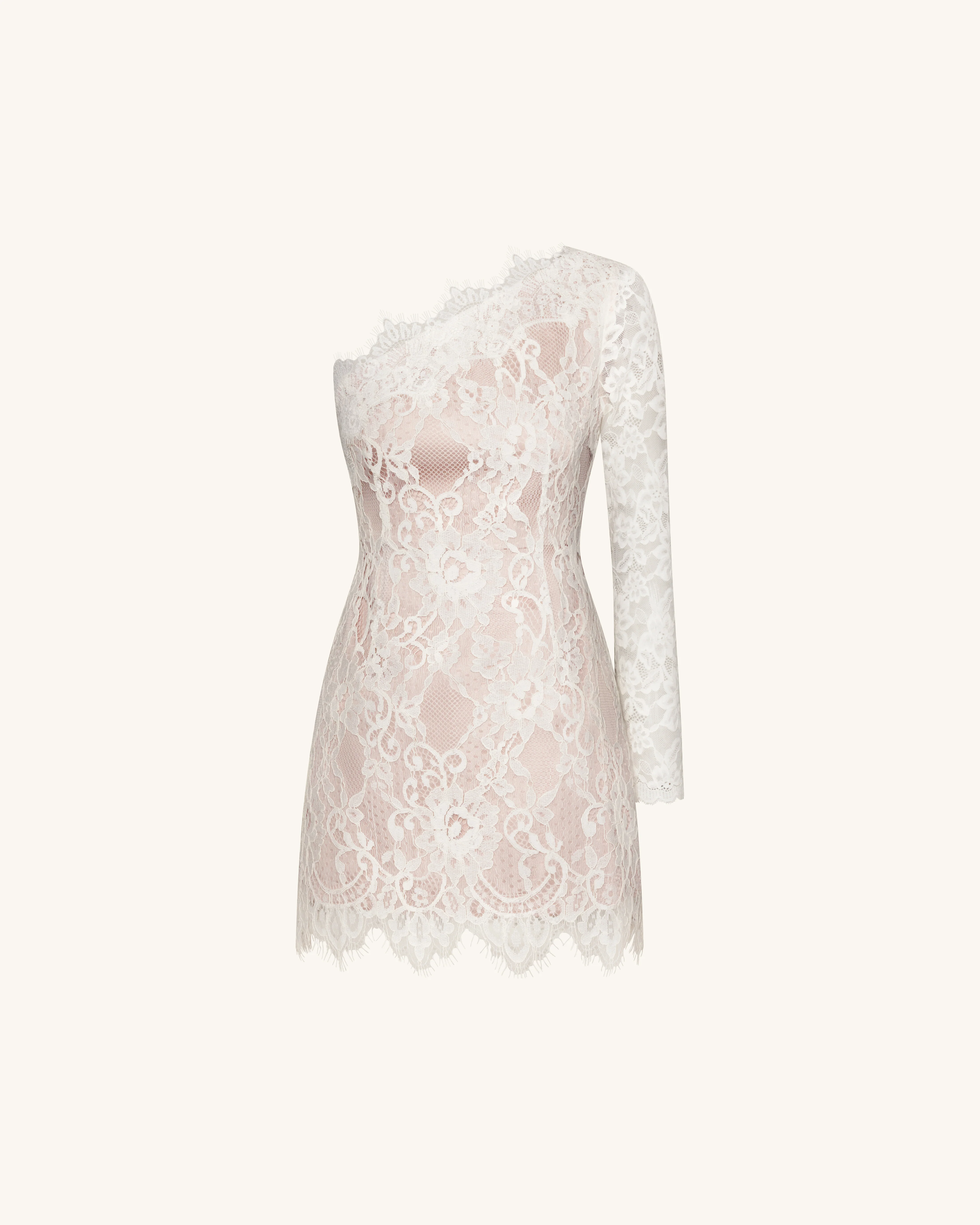 One Shoulder Lace Mini Dress - White - FASHION NOB