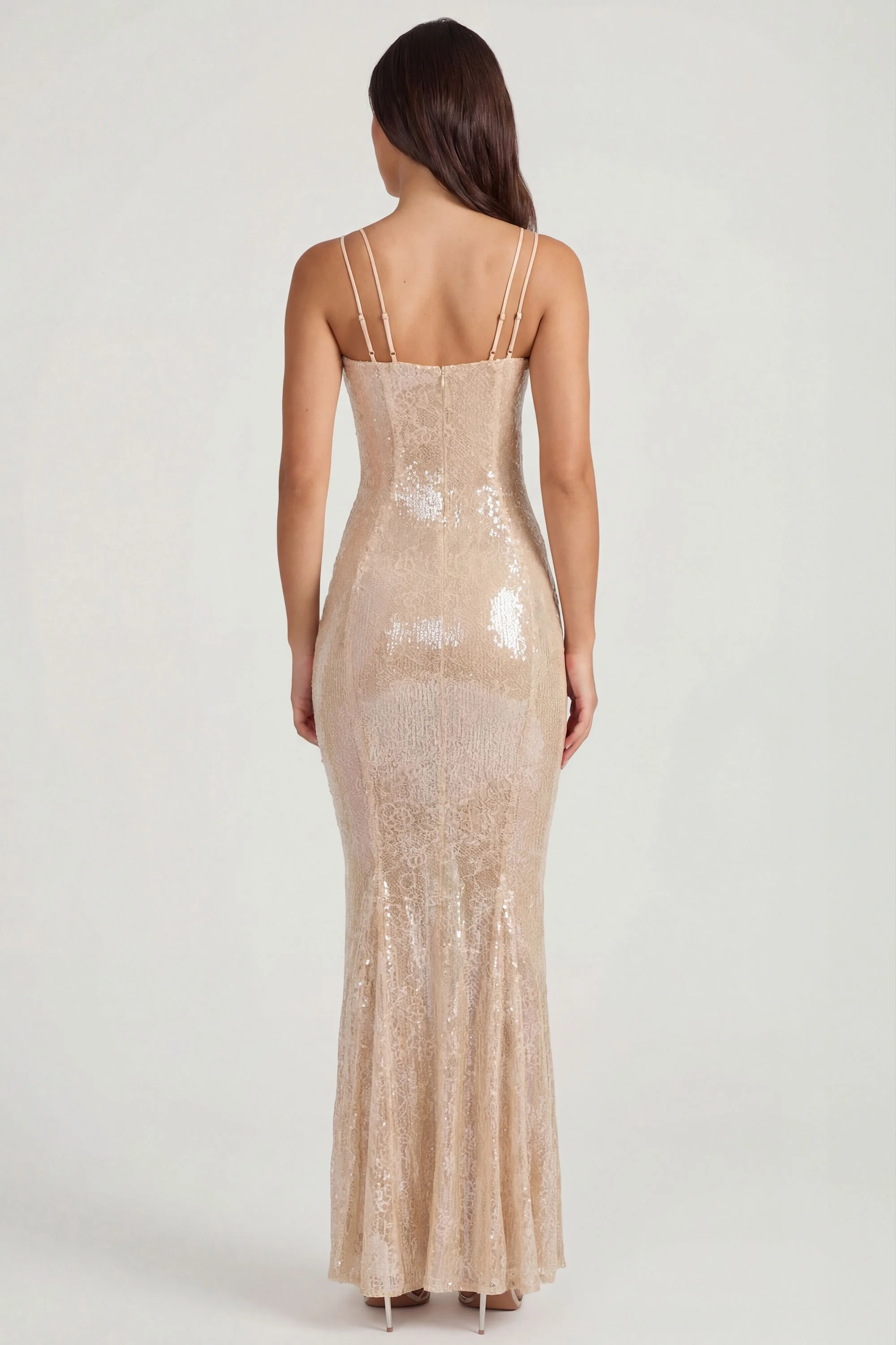 Embellished Square Neck Lace Gown in Pale Peach