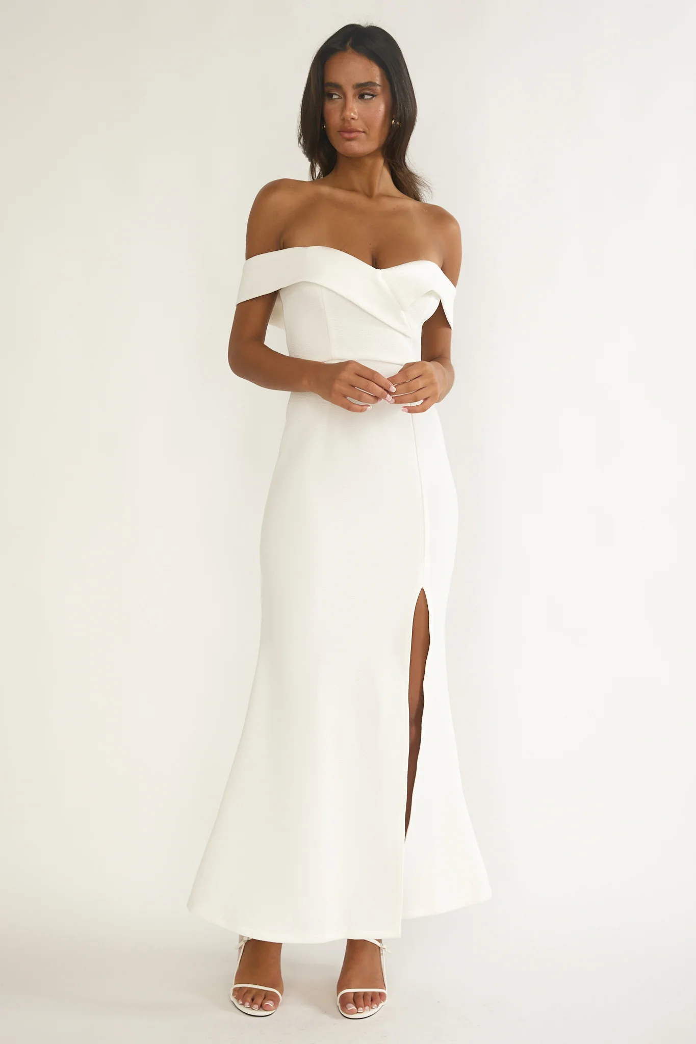 Rider Off-Shoulder Front Split Maxi Dress White - luluinthesky