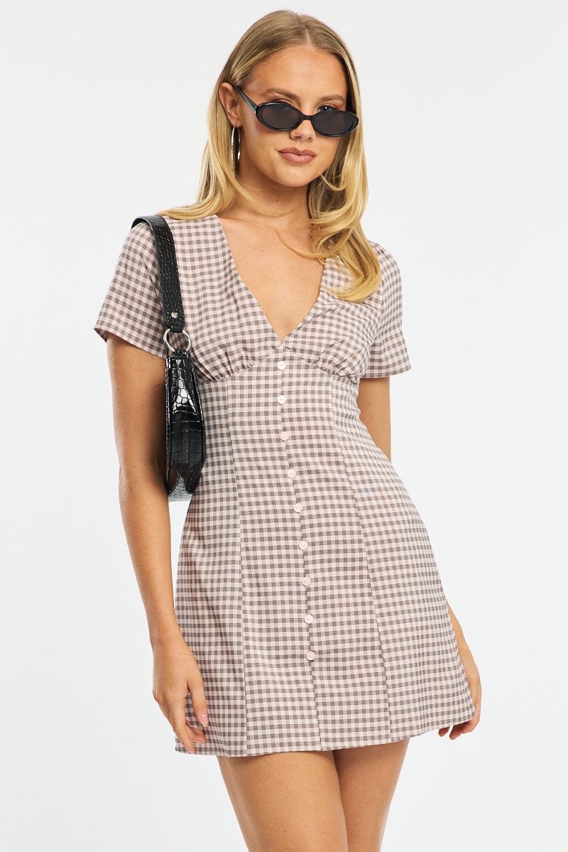 Pink Check Shirt Mini Dress