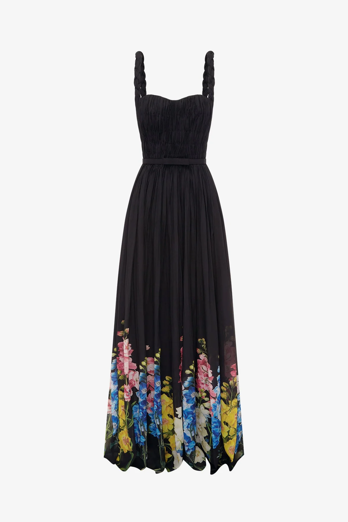 Angelina Ruffled Floor Length Dress - Snapdragon Print in Ebony