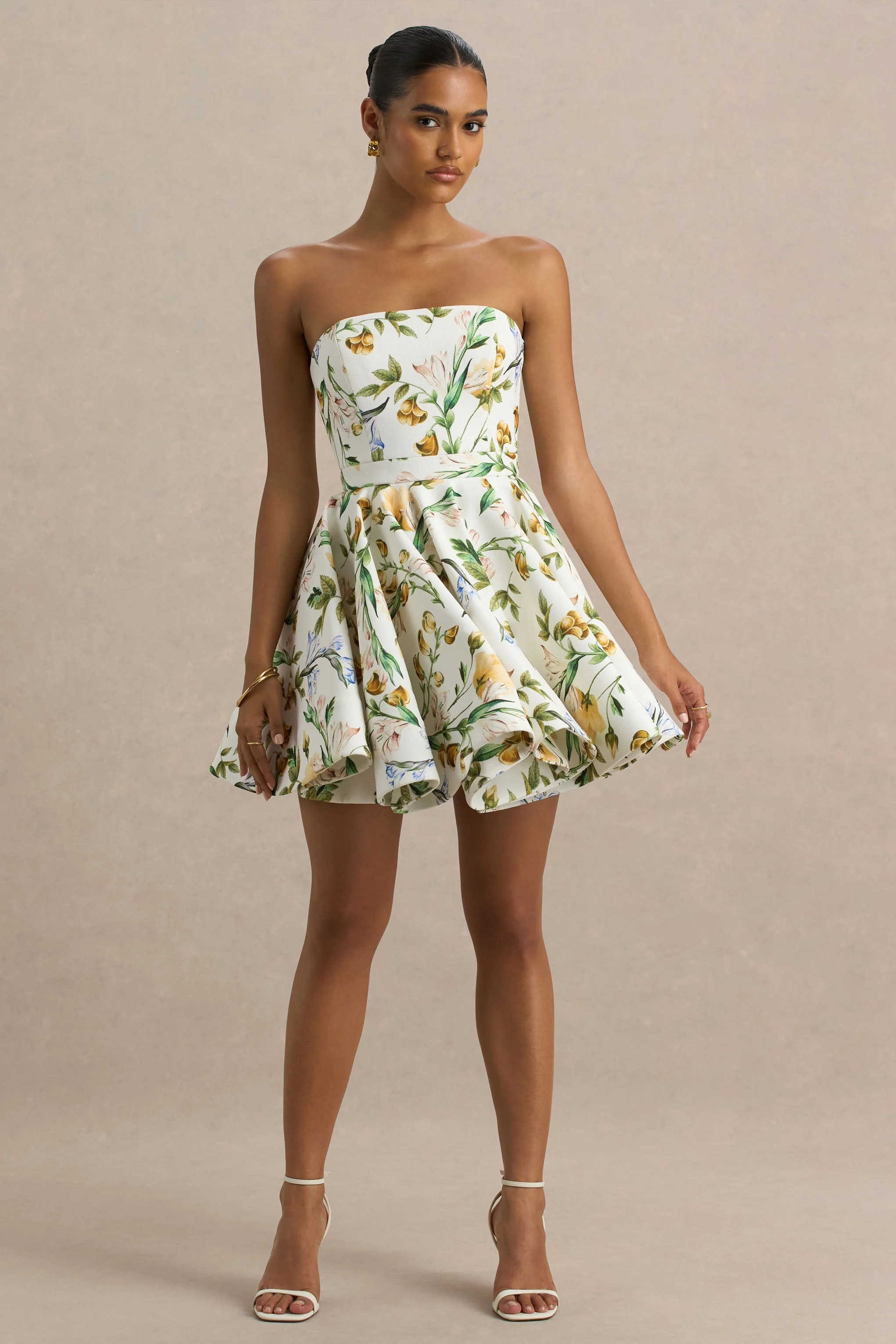 Valerian | Lemon Floral Print Bandeau Mini Dress With Ruffle Hem