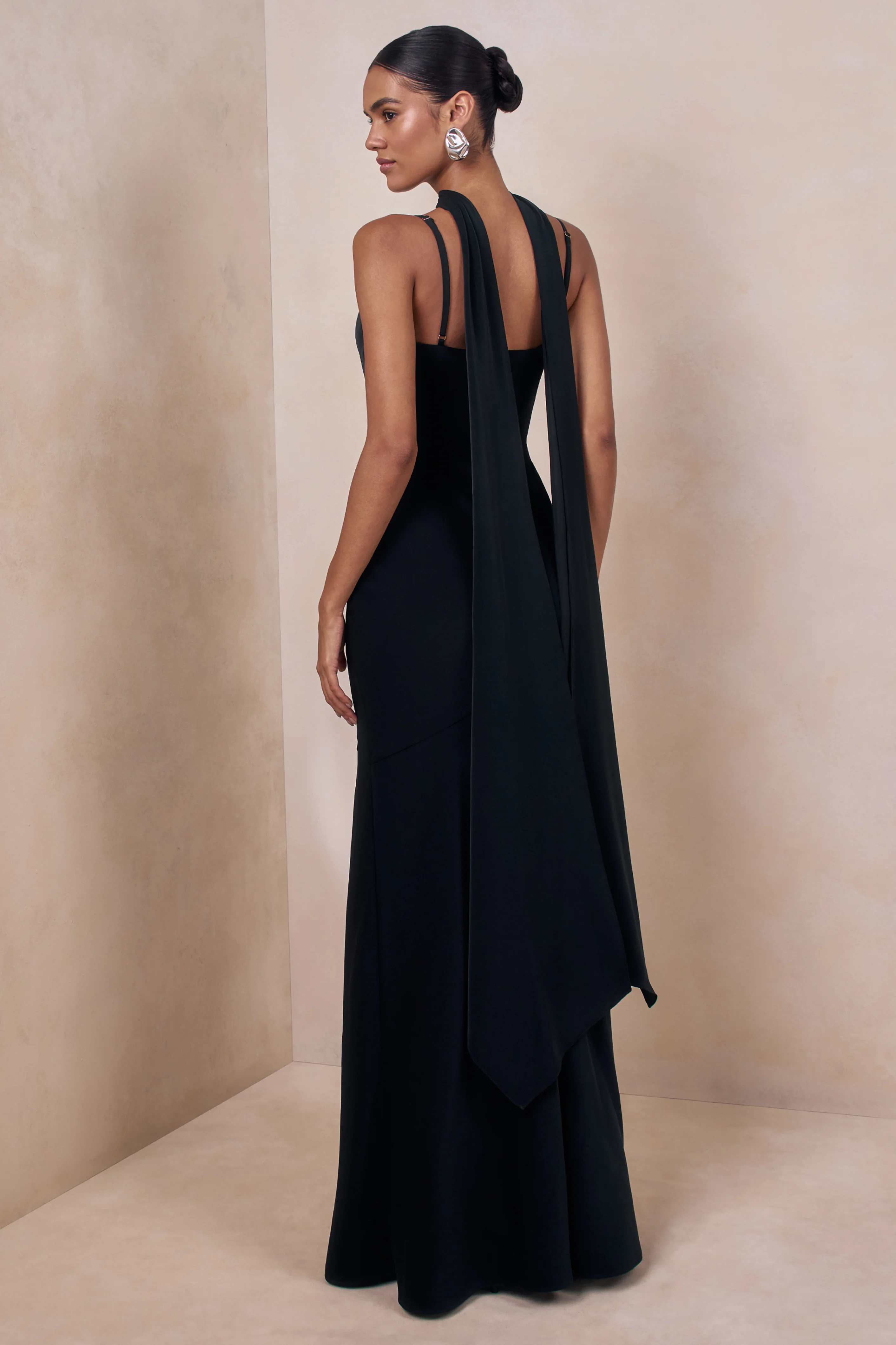 Starling | Black Matte Satin Plunge-Neck Maxi Dress With Scarf-Detail