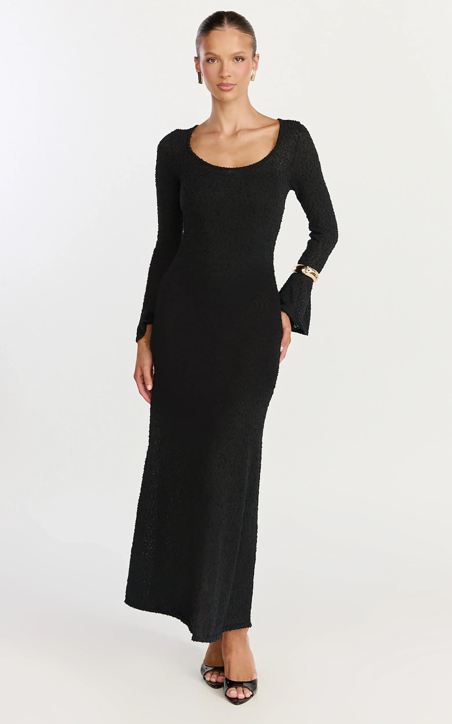 Michelle Maxi Dress - Scoop Neck Flute Sleeve Knit Maxi Dress in Black