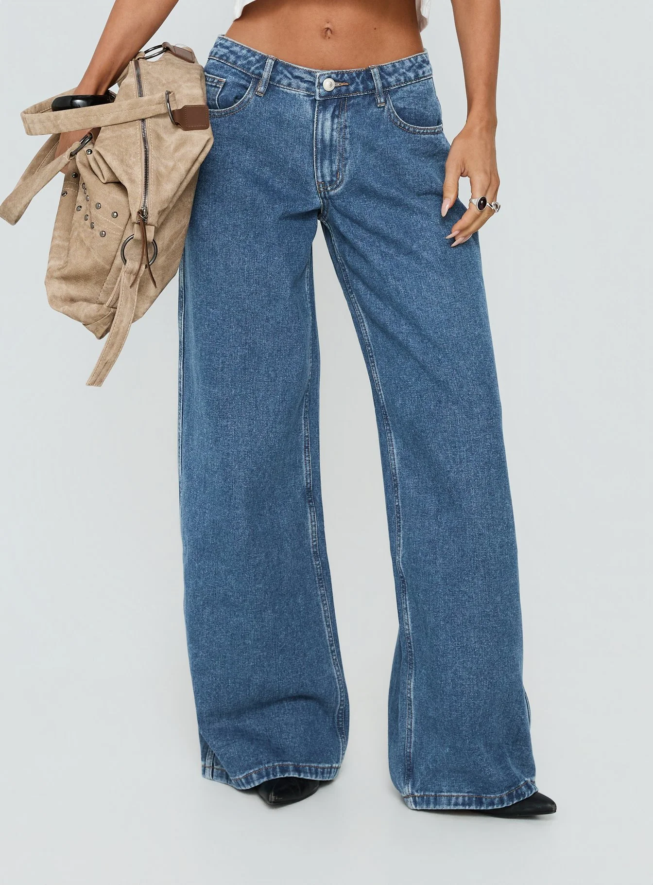 Ramos Low Rise Wide Leg Denim Jeans Mid Blue Wash