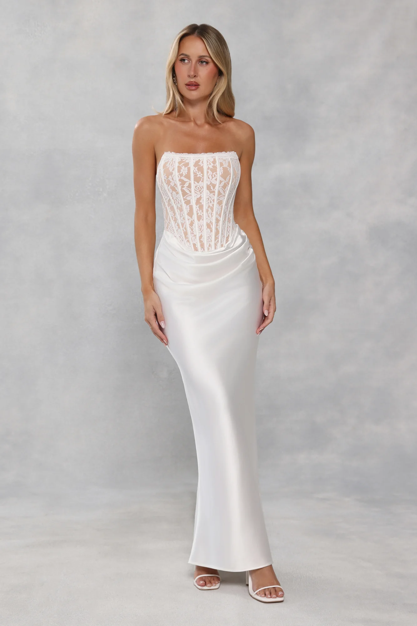 Love In Full Bloom Lace Satin Strapless Maxi Dress White - luluinthesky