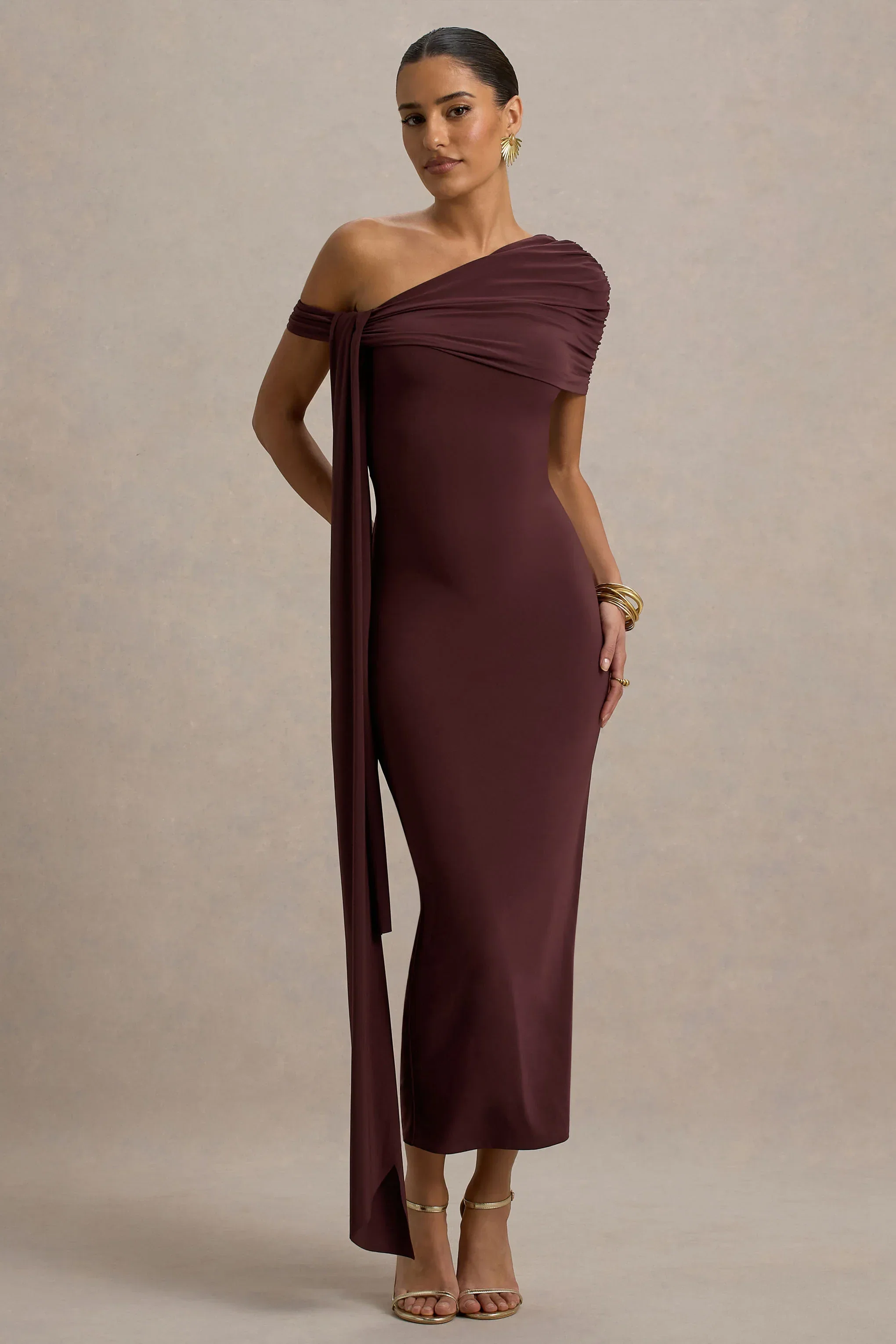 Praia | Chocolate Brown Asymmetric-Neck Midi Dress With Sash and Draped Detailing