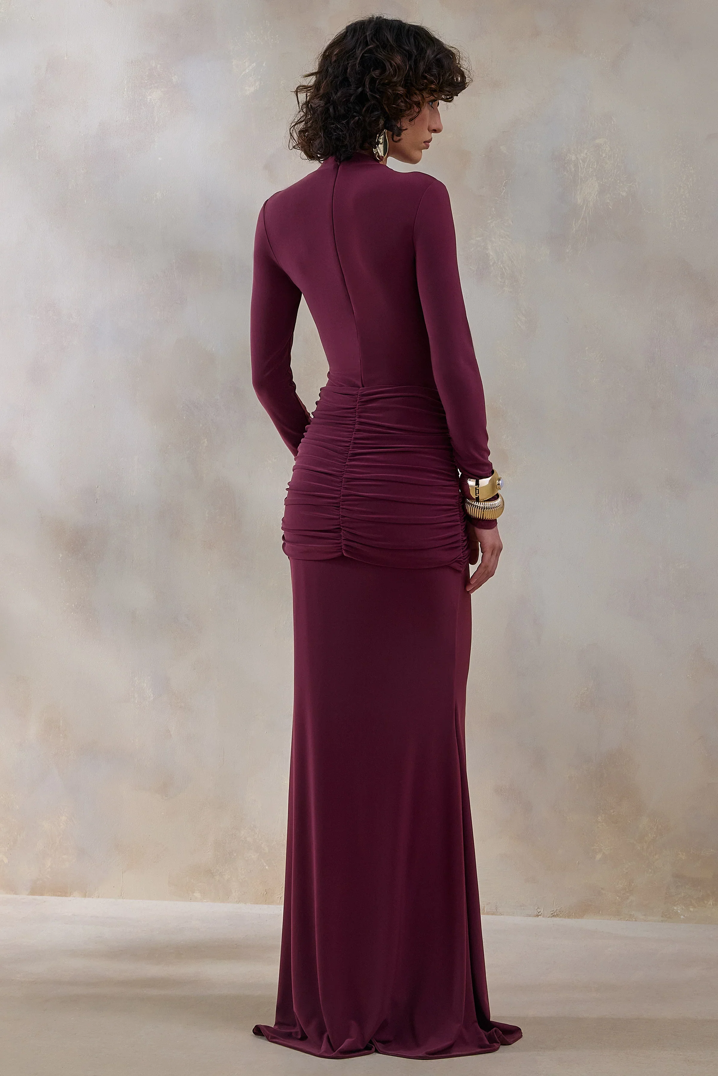 Solarium | Burgundy Long-Sleeve Maxi Dress With Gold Detail