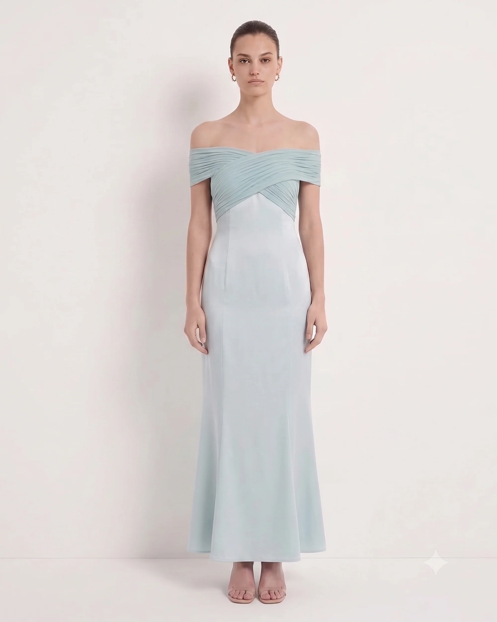 Pleated Cross-Halter Satin Maxi Dress - Dusty Blue - FASHION NOB