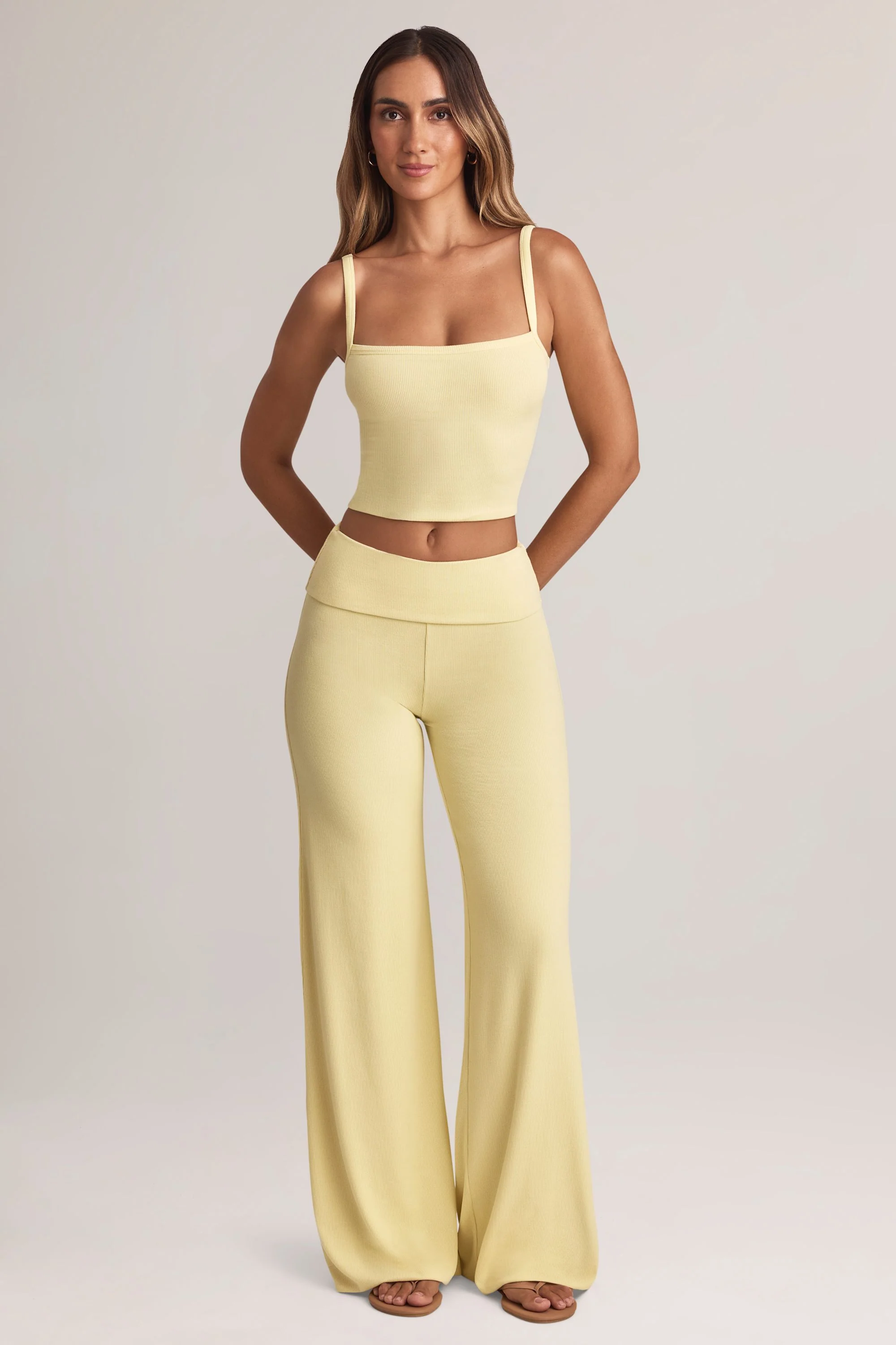 Modal Foldover Wide-Leg Trousers in Lemon Sherbet