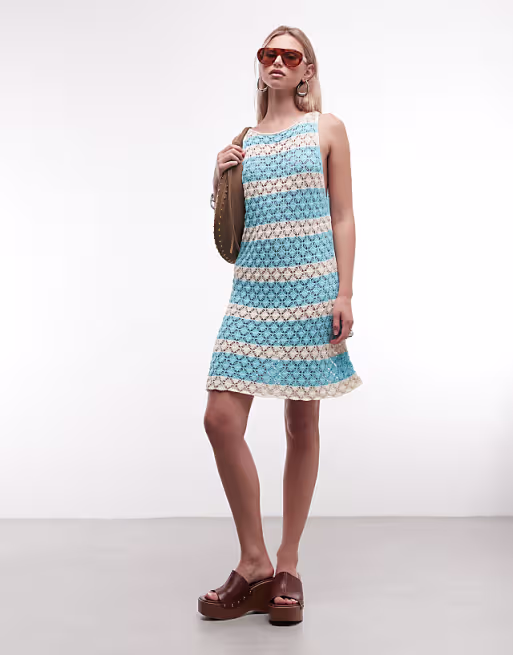 Reclaimed Vintage crochet mini dress in blue stripes