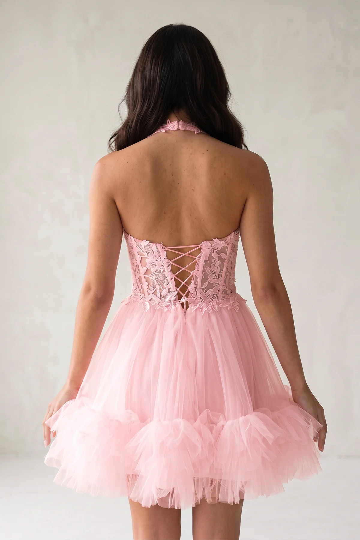 White Halter Tulle Tiered A-Line Homecoming Dress With Lace Appliques