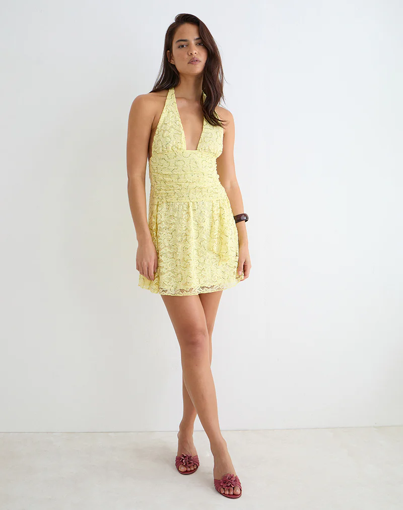 Marty Mini Dress in Drape Sequin Lace Lime