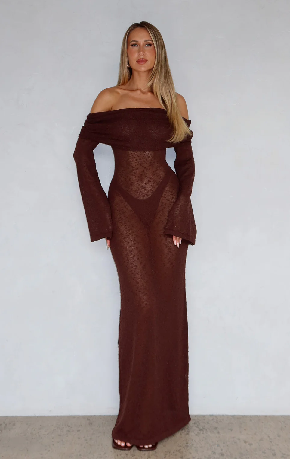 Made It Out Long Sleeve Boucle Maxi Dress Chocolate