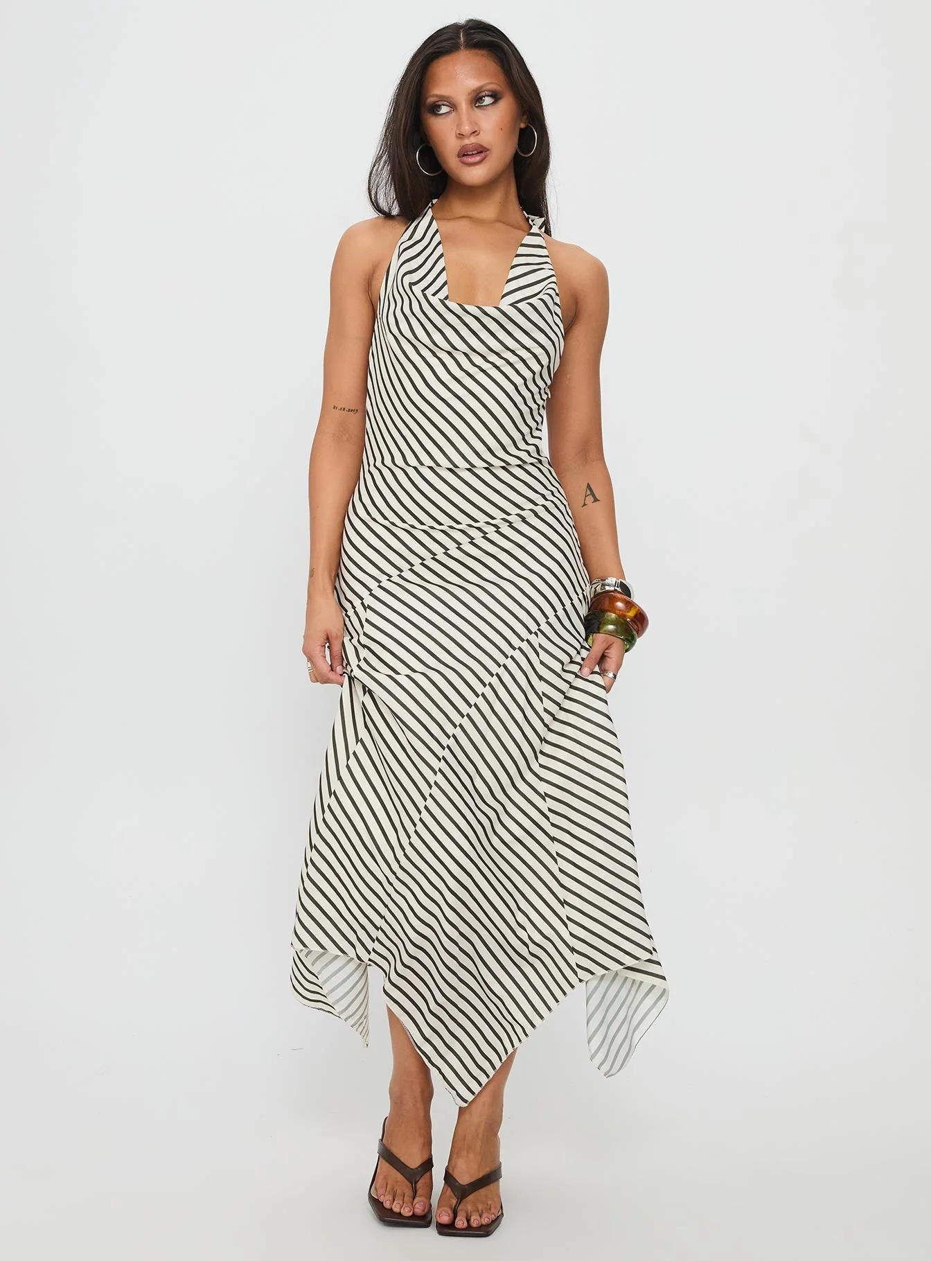 Junipa Halter Asymmetrical Maxi Dress White Stripe