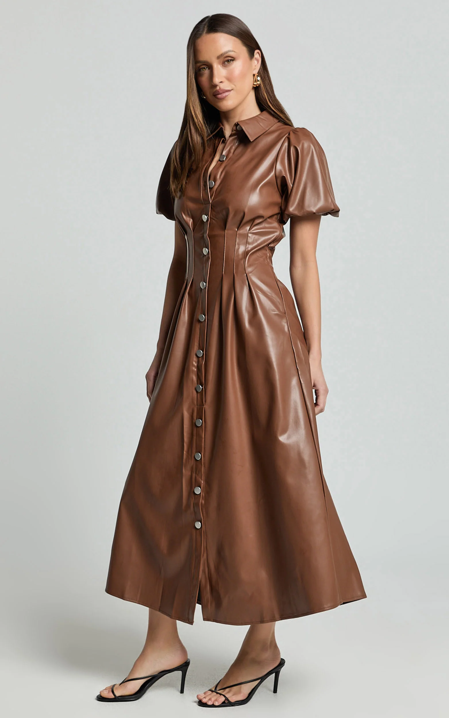 Ziva Midi Dress - Short Puff Sleeve Button Through Dress in Chocolate