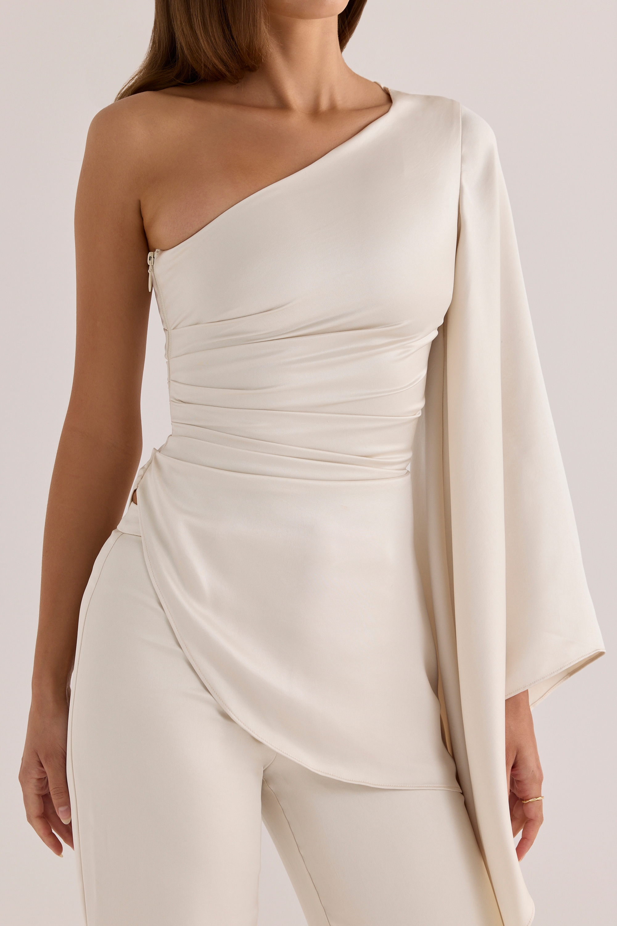 Oyster Satin One Sleeve Asymmetric Draped Top