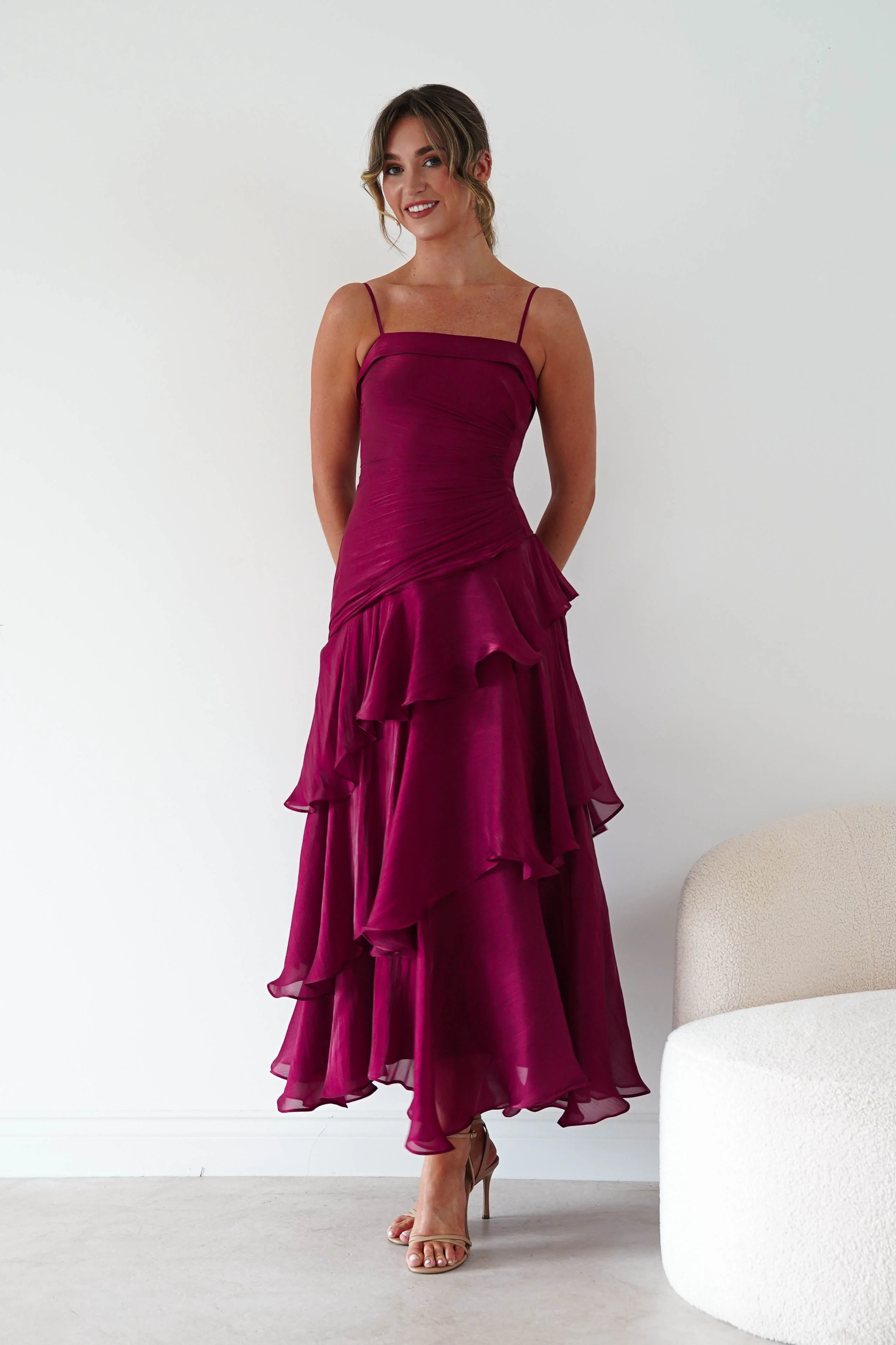 Renee Luminescent Ruffle Maxi Dress | Wine
