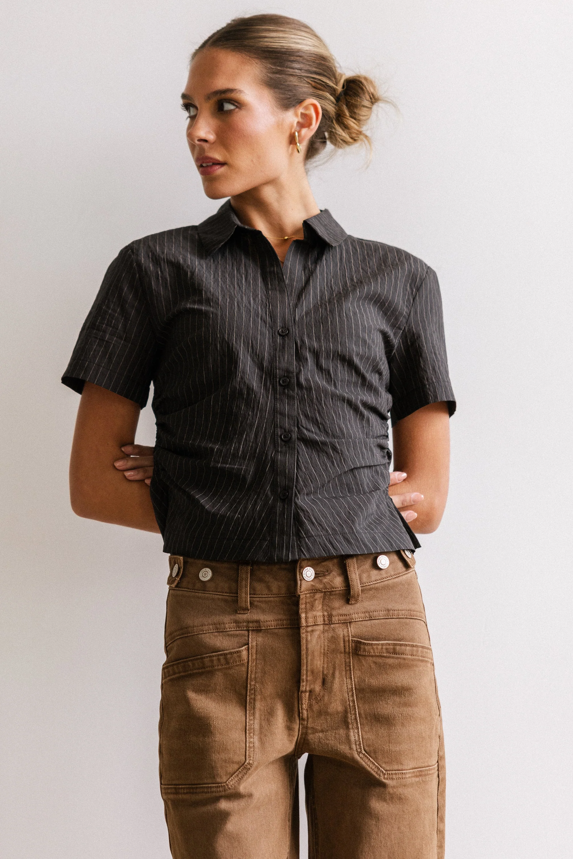 Brandy Ruched Button Up in Black