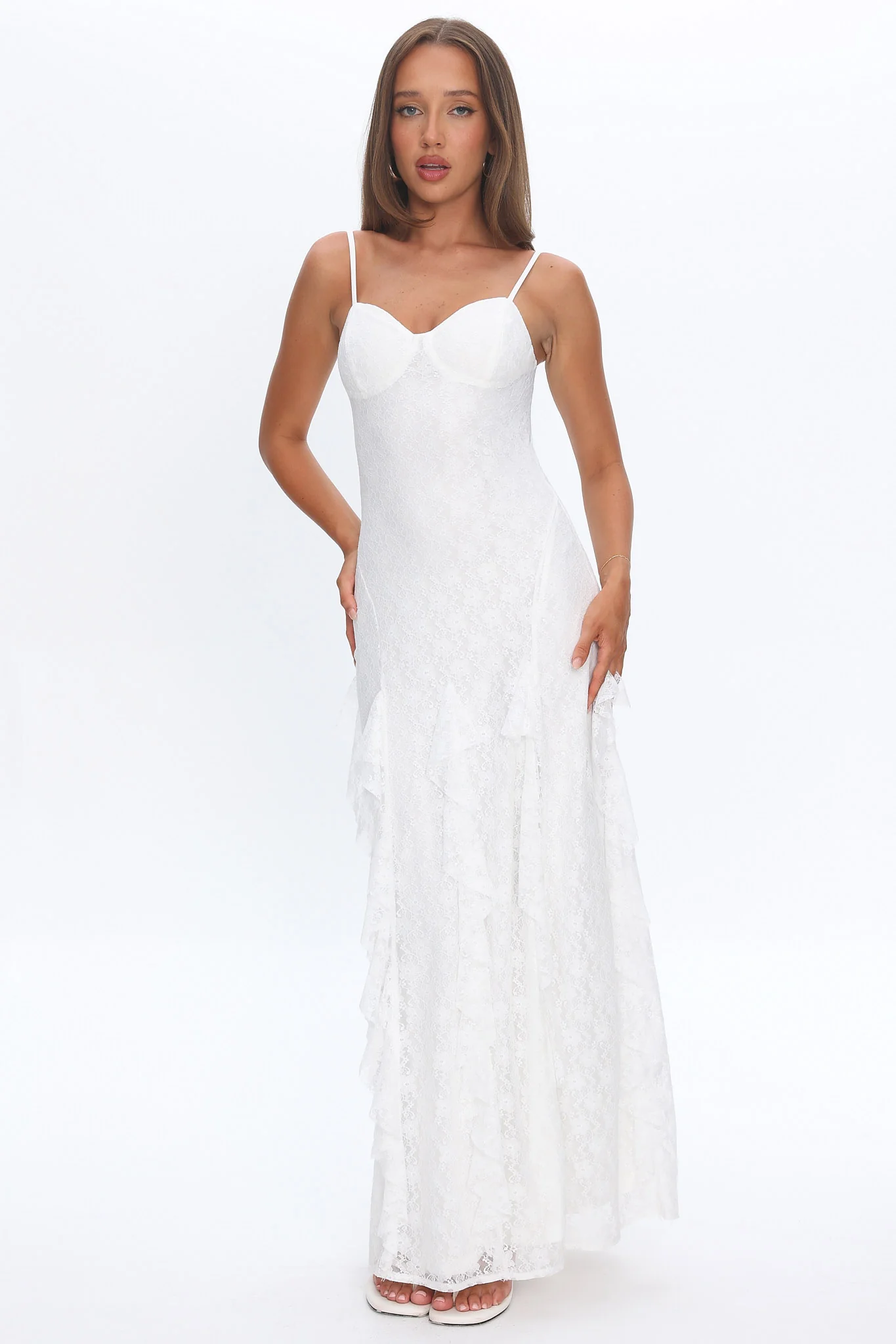 Onique Lace-Up Back Split Maxi Dress Lace White - luluinthesky