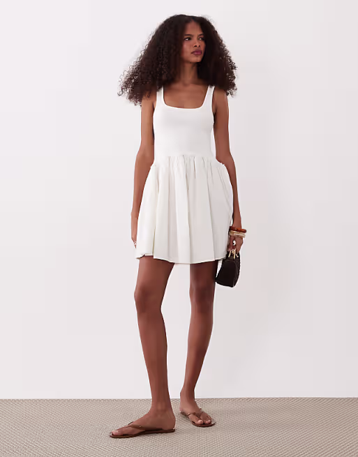 scoop ribbed bodice with poplin skirt mini dress in white