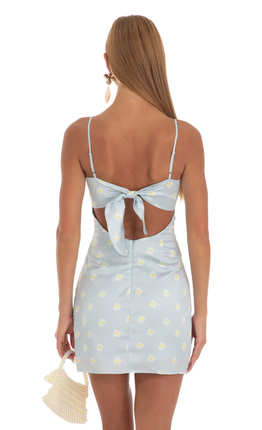 Floral Satin Tie Back Dress in Sky Blue