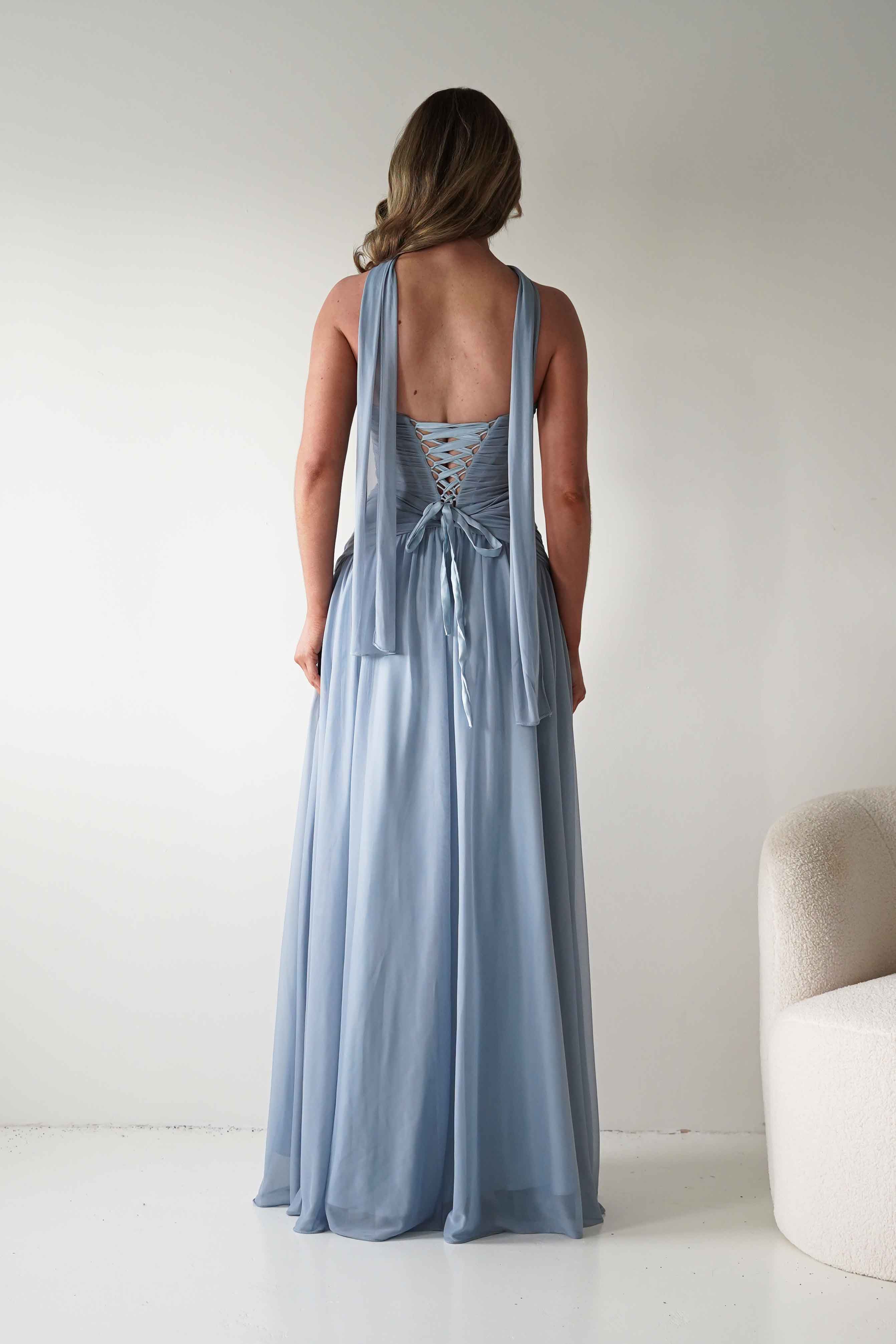 Nicolette Strapless Chiffon Maxi Gown | Dusty Blue