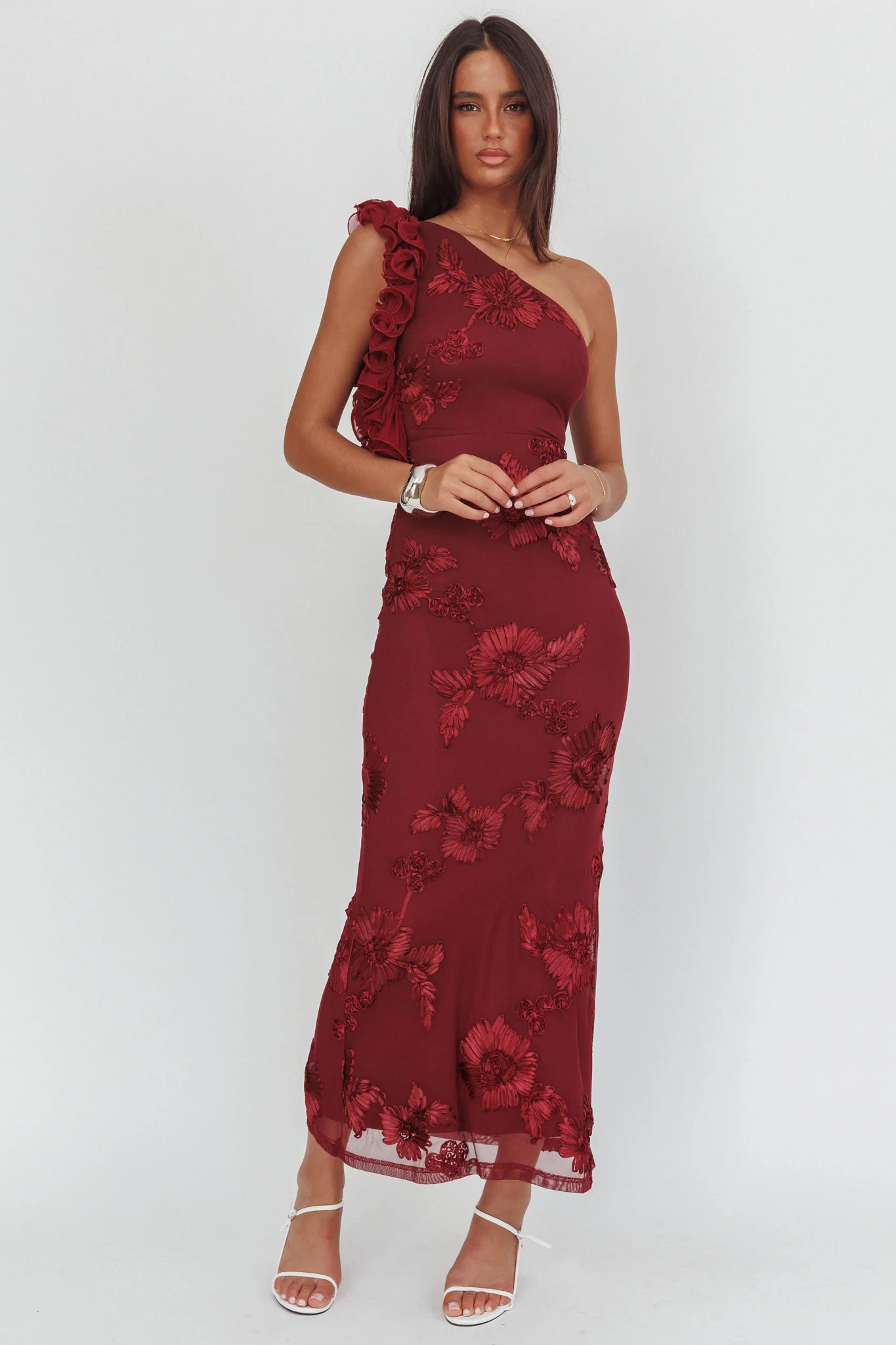 Deanna One-Shoulder Ruffle Maxi Dress Floral Texture Wine