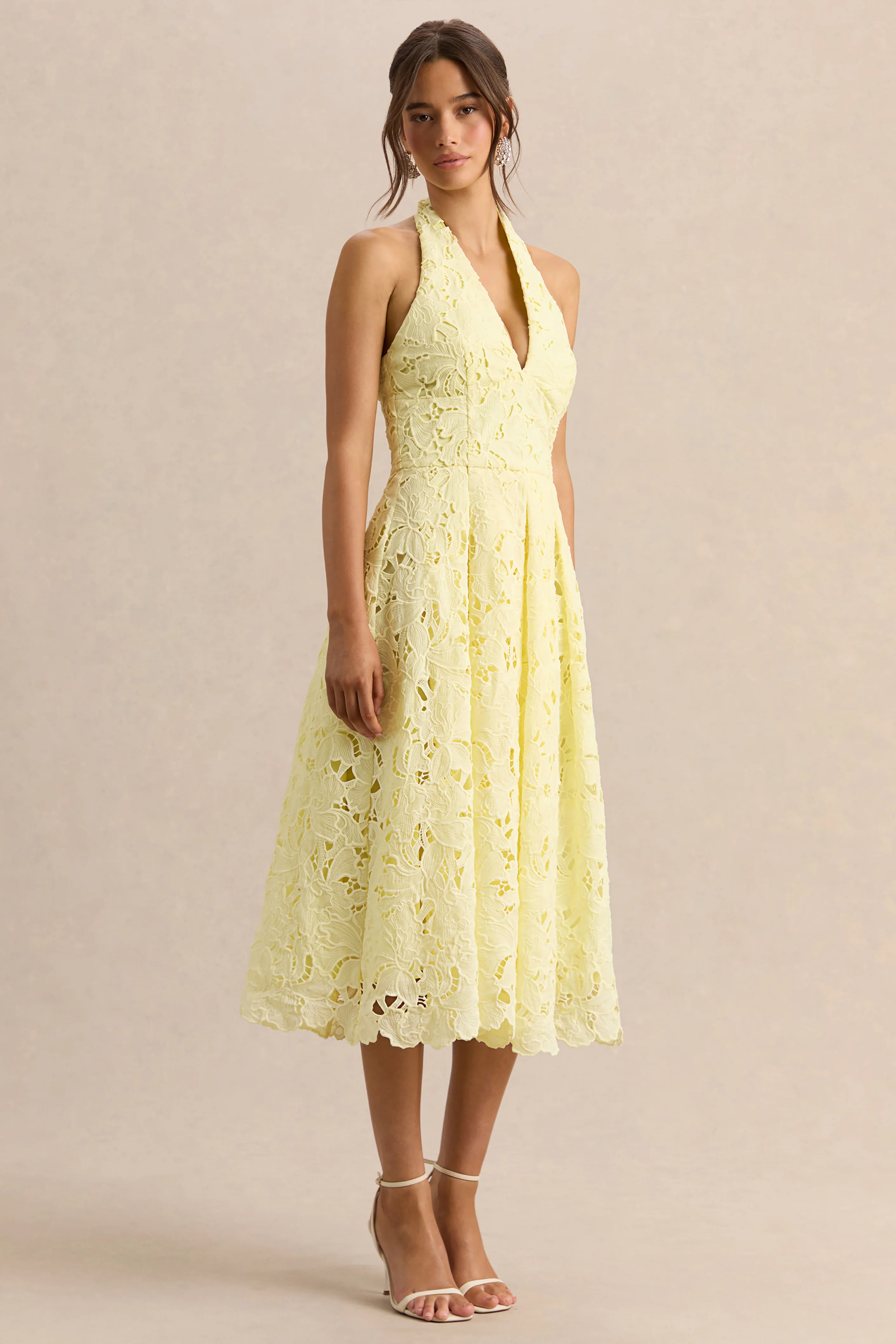 Maribel | Lemon Lace Plunge-Neck Midi Dress