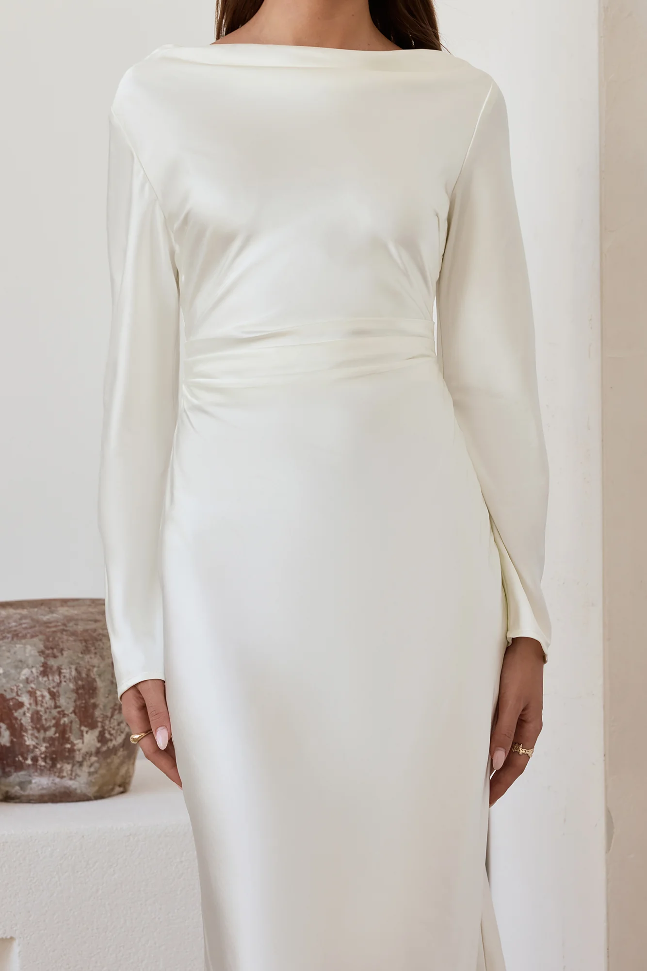 Cross The Skies Satin Long Sleeve Maxi Dress White
