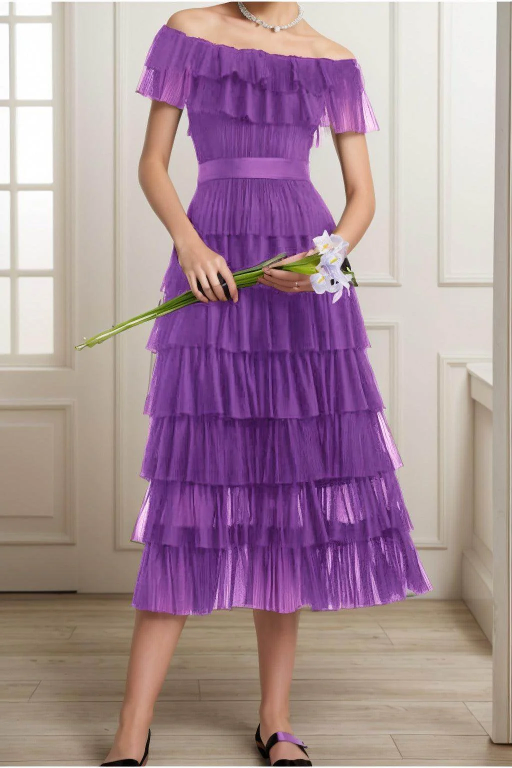 A-Line Tea Length Tulle Graduation Dresses CS0557