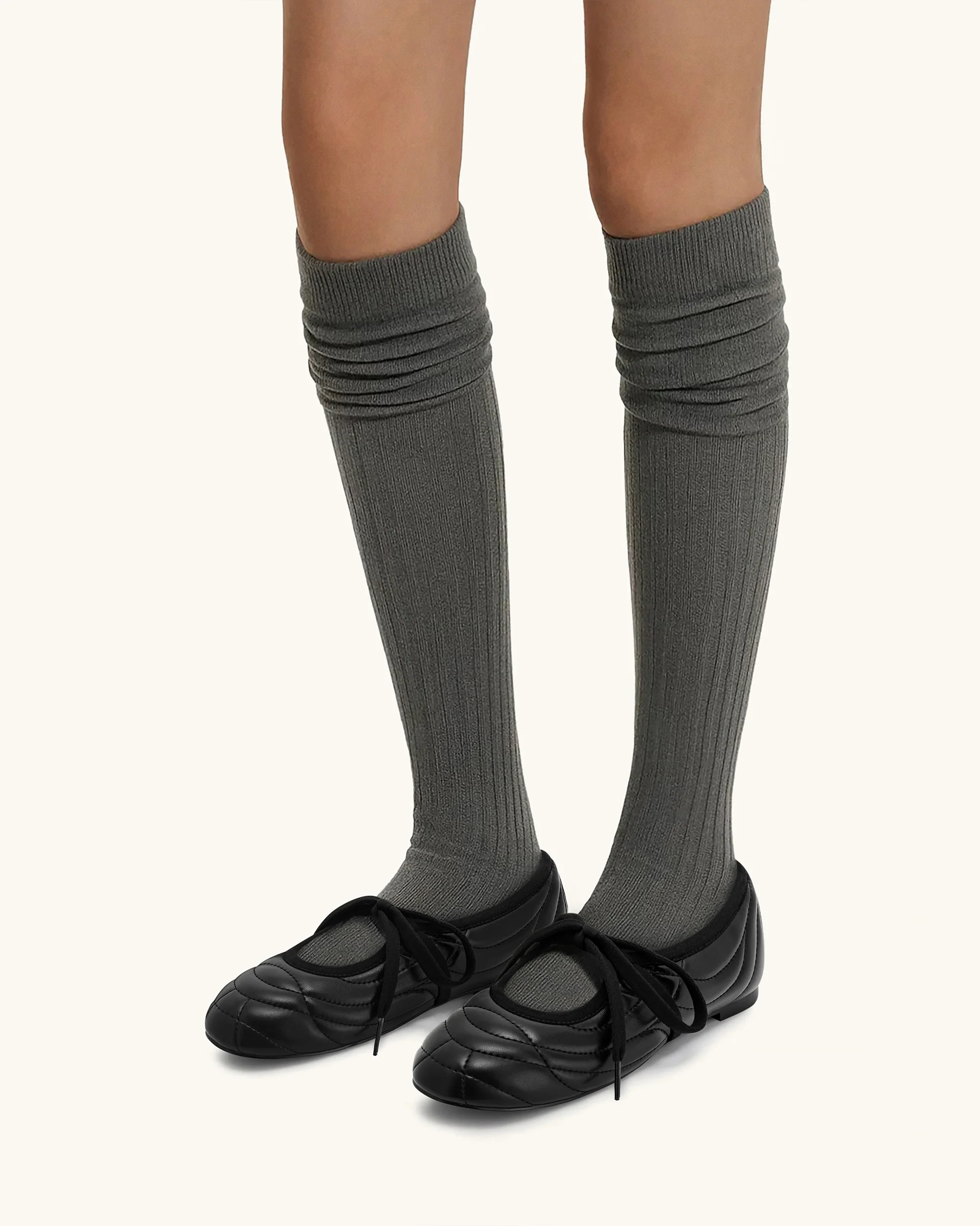 Erika Topstitching lace-up ballet Flats- Black