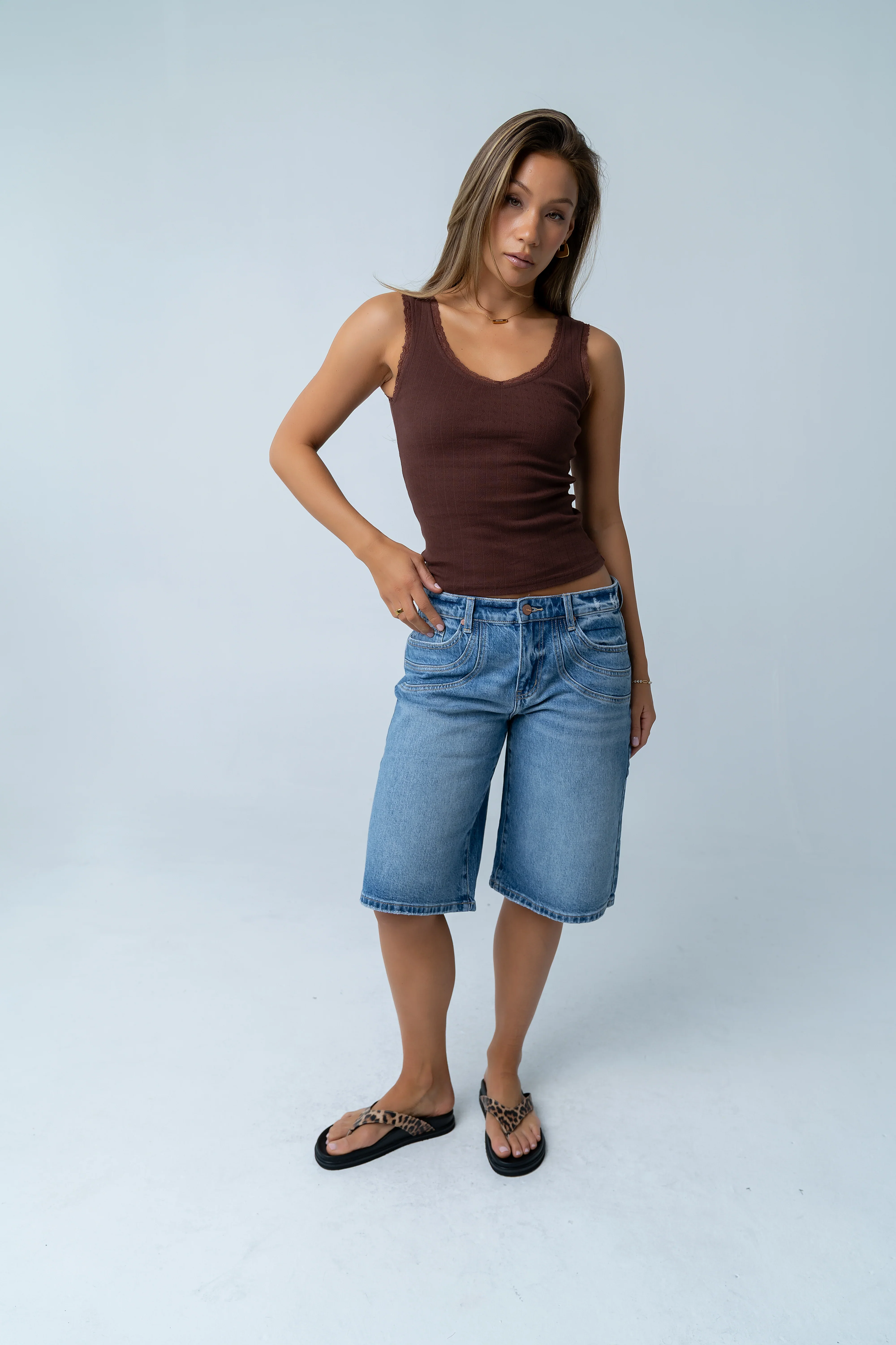 Mackie Lace Trim Tank in Brown