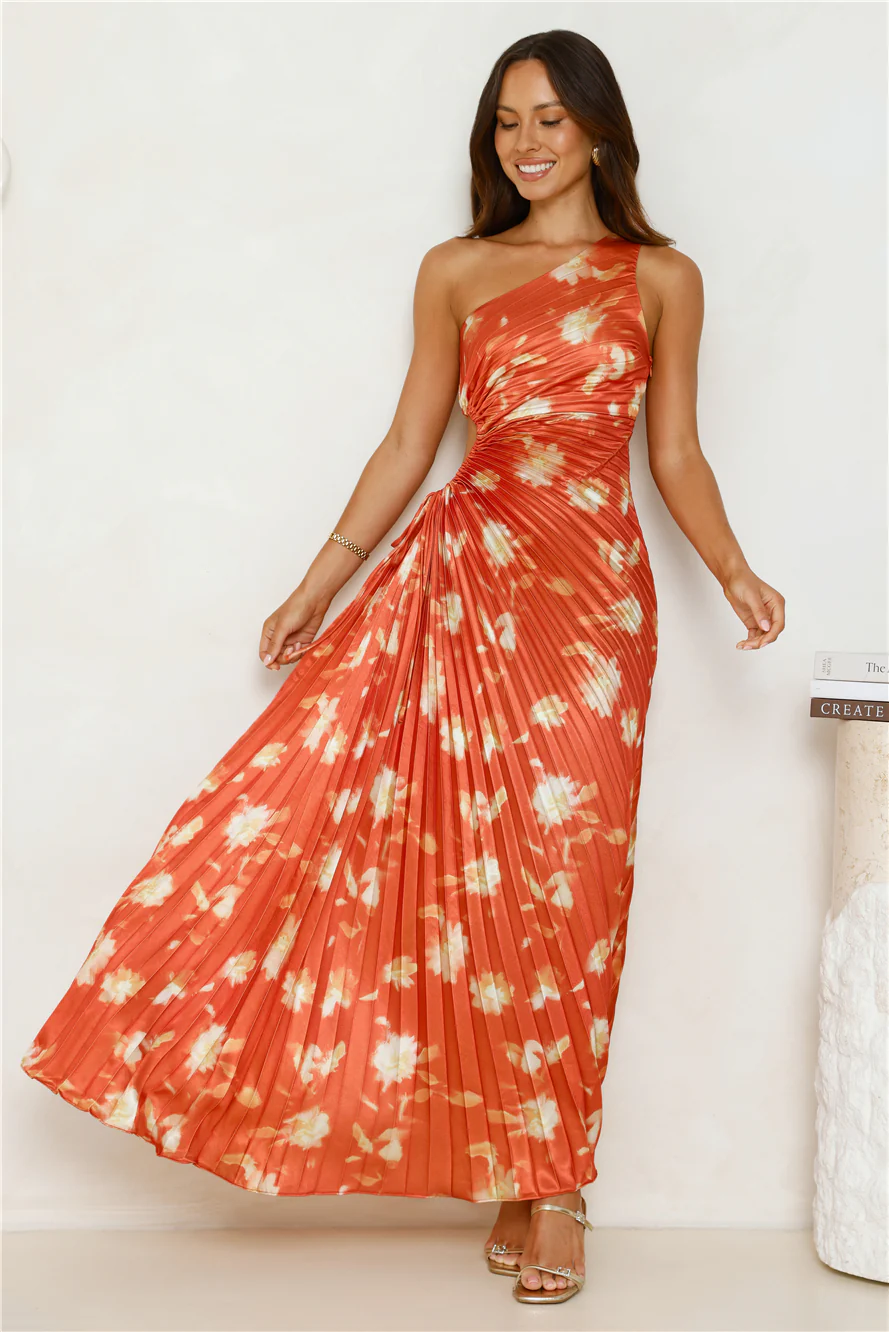 Golden Touch Satin One Shoulder Maxi Dress Rust